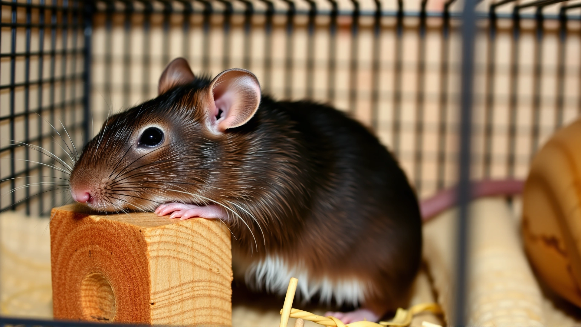 Pet rat gnawing on a natural wooden block inside its cage, demonstrating healthy chewing behavior