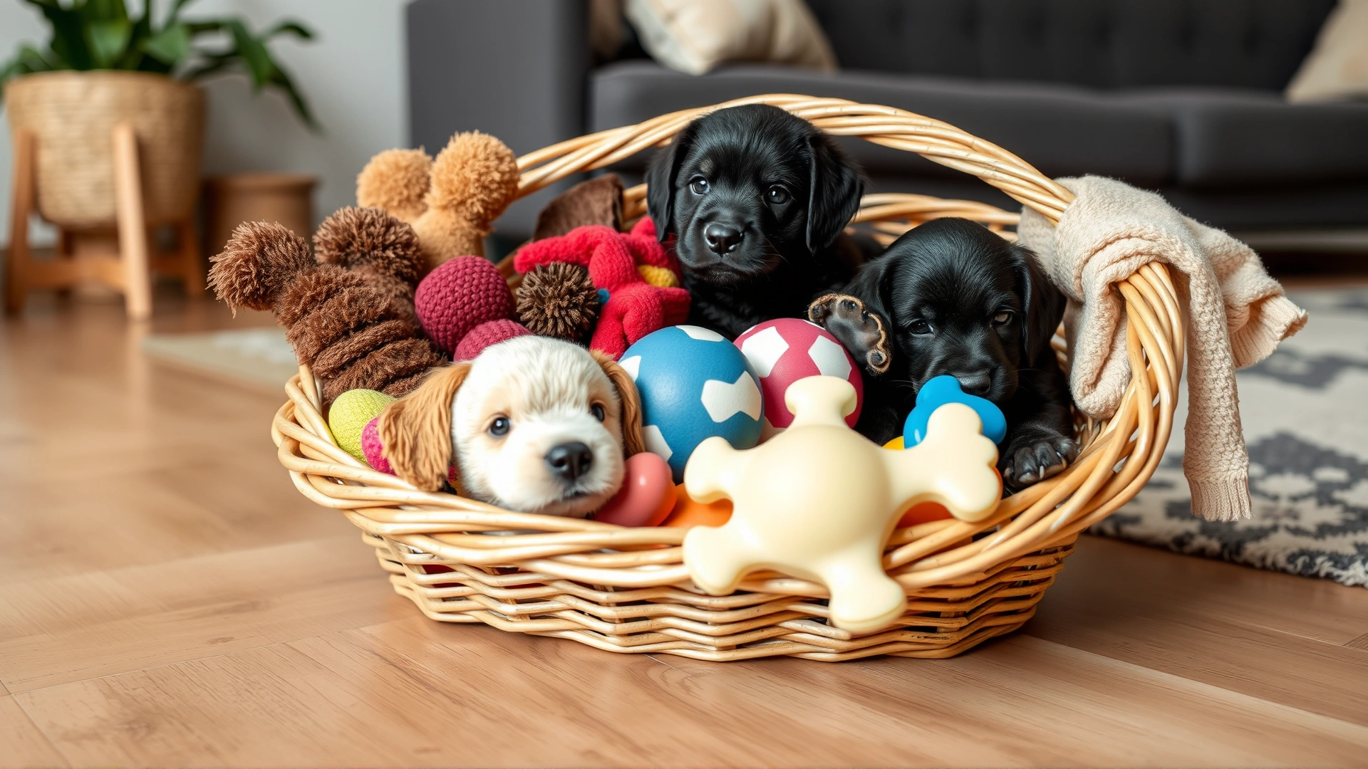 Basket filled with a variety of durable, safe chew toys suitable for puppies, placed on a living room floor