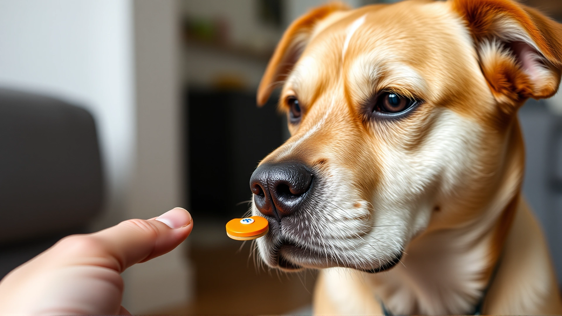 Close-up of a hand offering a flavored chewable flea tablet to a medium-sized dog indoors