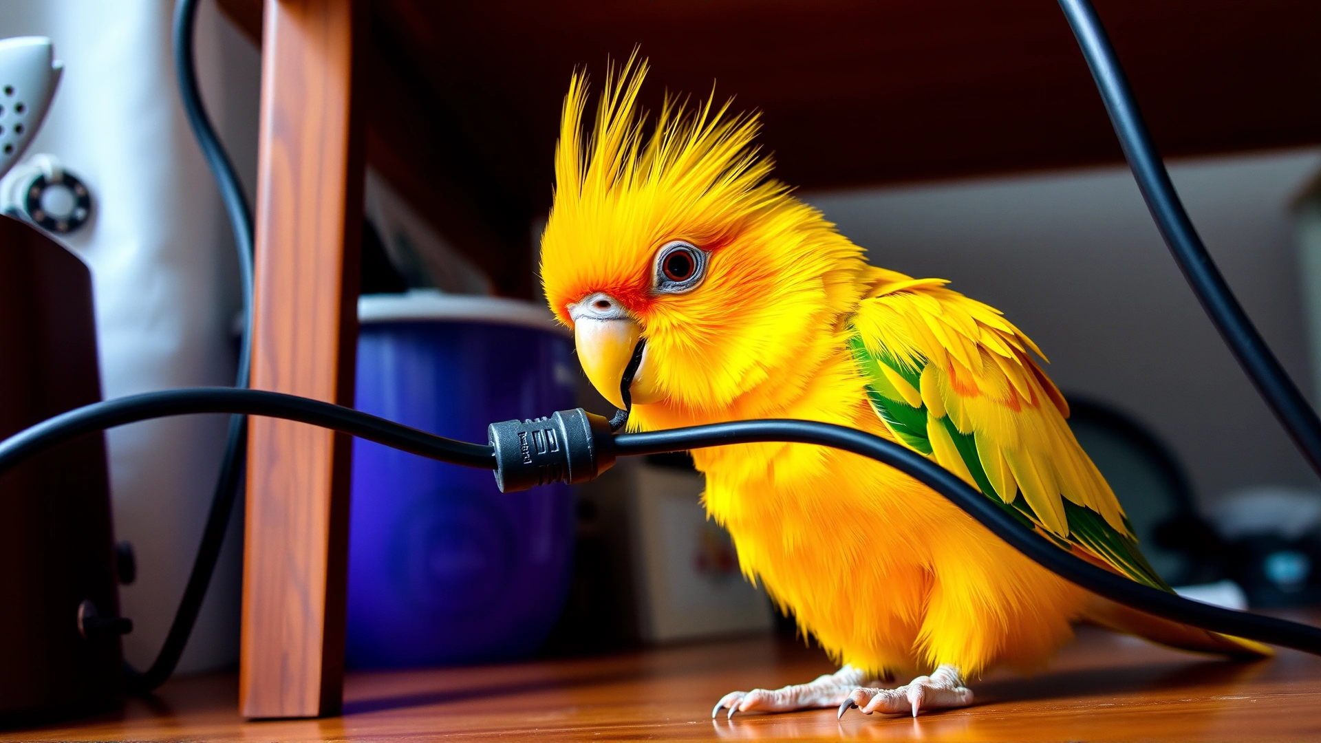 Sun conure chewing on an exposed black electrical cord under a wooden desk, household setting, no text