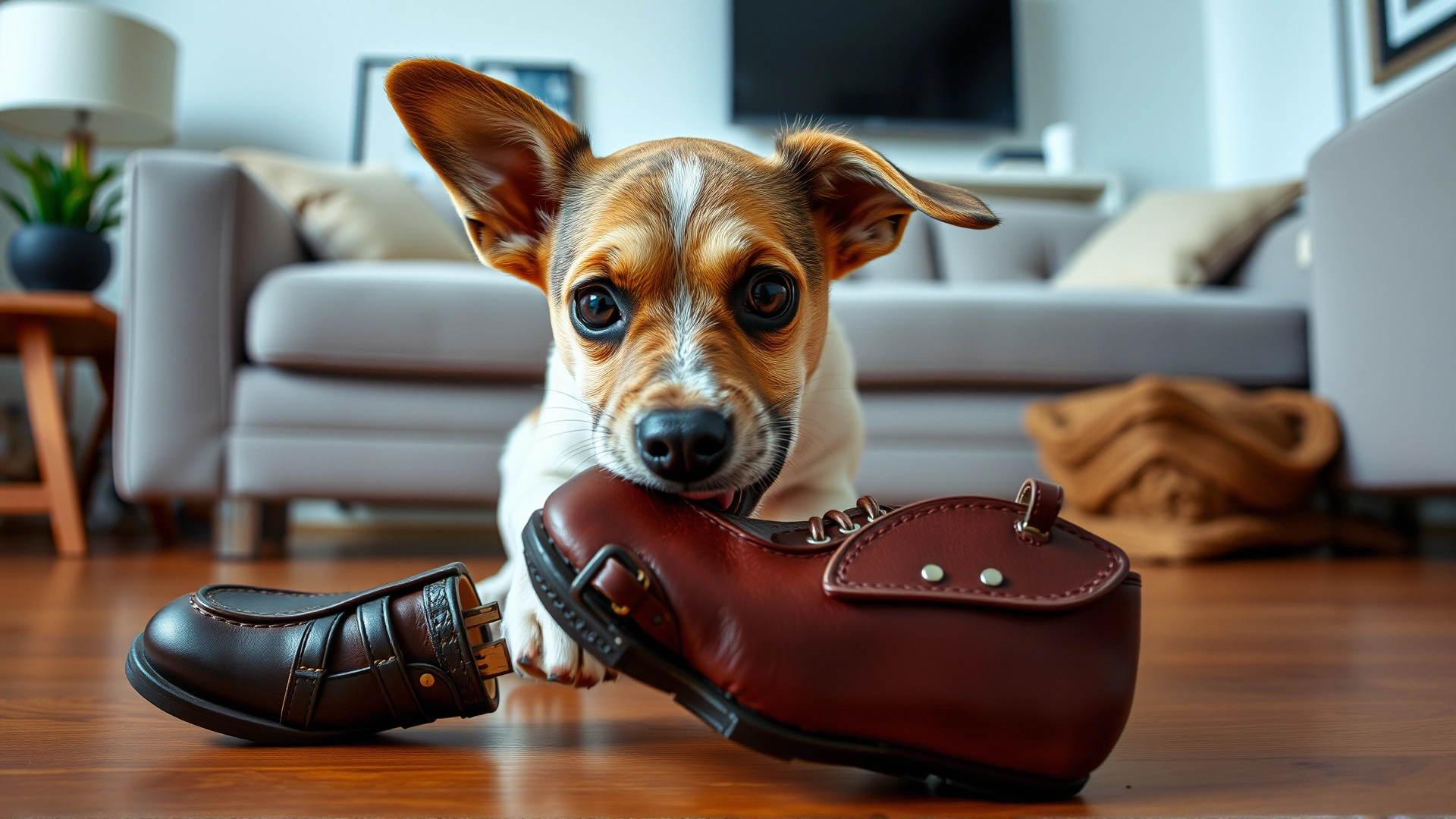 Curious young dog caught in the act of chewing on a leather shoe in a modern living room; illustrates destructive chewing behavior.