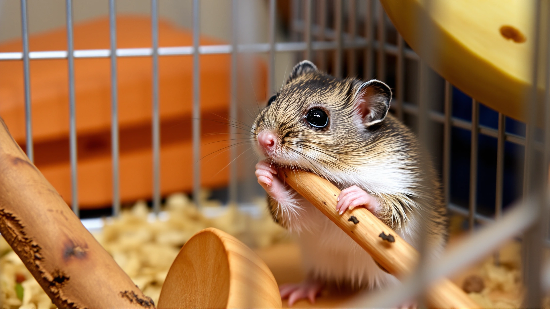 Dwarf hamster actively gnawing on an apple wood stick inside a well-kept cage.