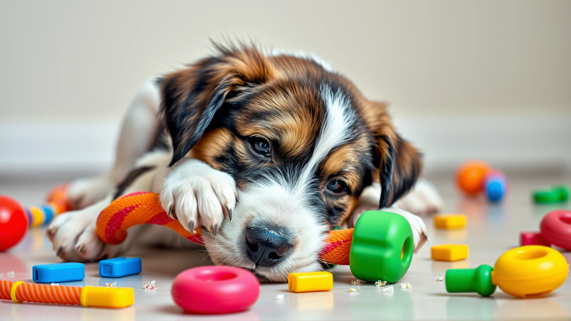 Puppy lying on a floor chewing a colorful rubber toy with scattered toys around, no text