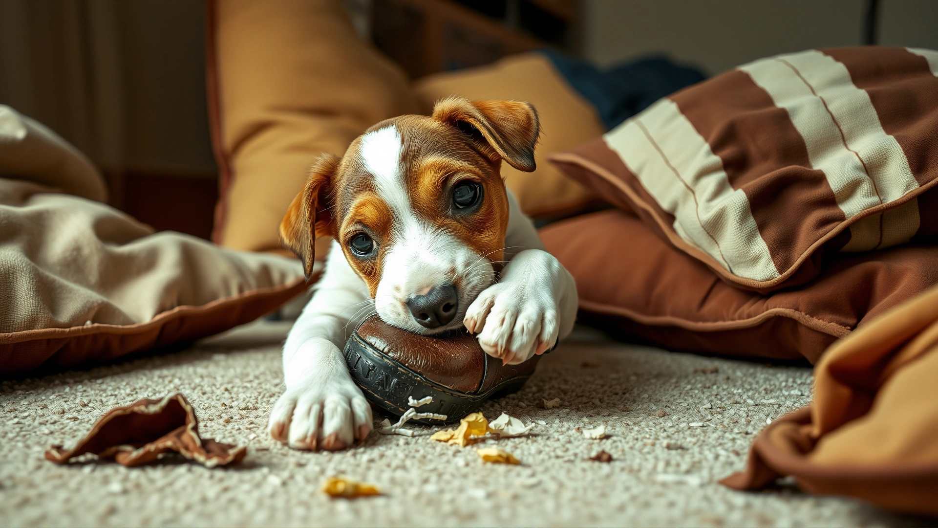 Mischievous puppy caught chewing on a leather shoe amid torn pillows on the floor, illustrating destructive behavior.