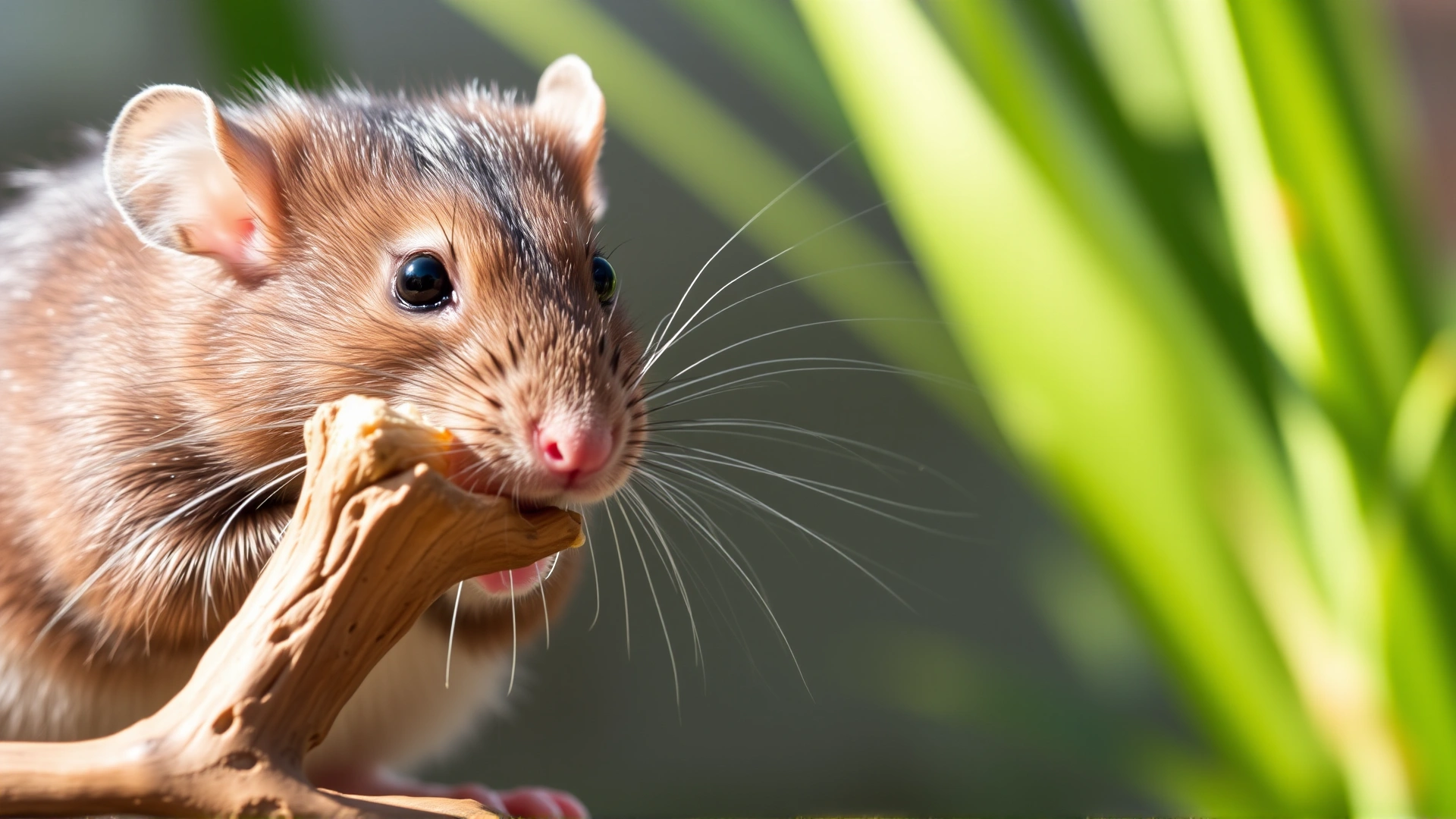 Pet rat gnawing on a safe wooden chew toy shaped like a branch, in natural light