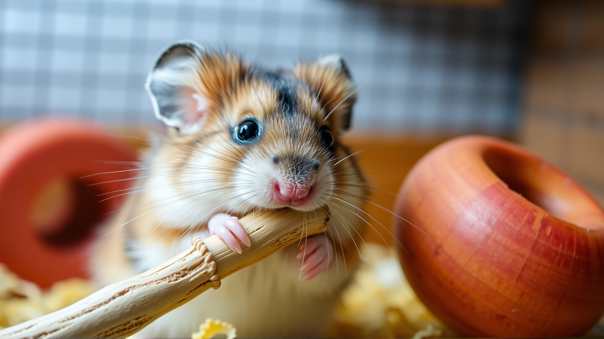 Hamster nibbling on a natural apple-wood chew stick inside its enclosure – emphasis on teeth and wooden toy texture