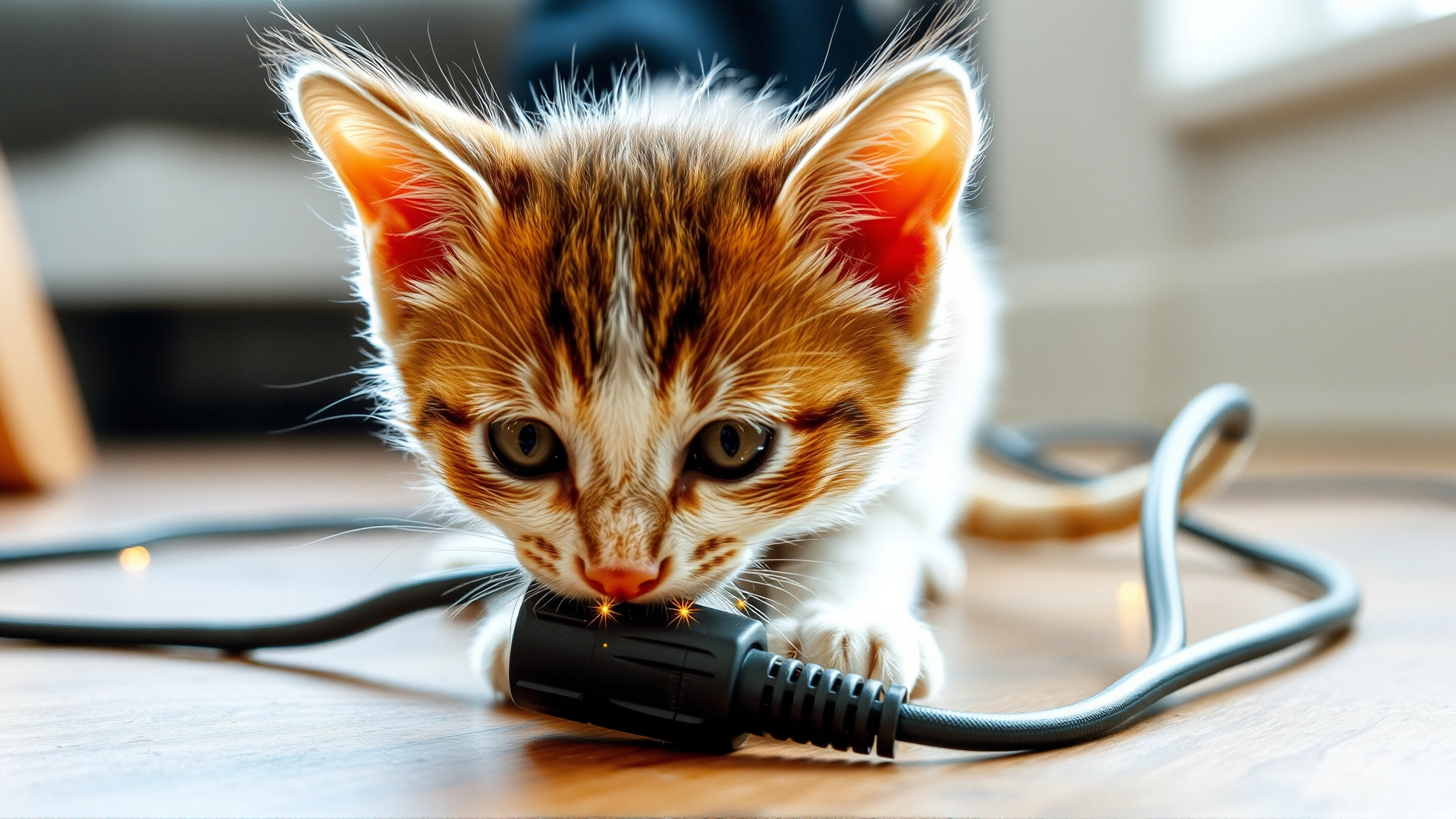 Kitten biting an exposed electrical cord on the floor, sparks effect subtly indicating danger, indoor setting
