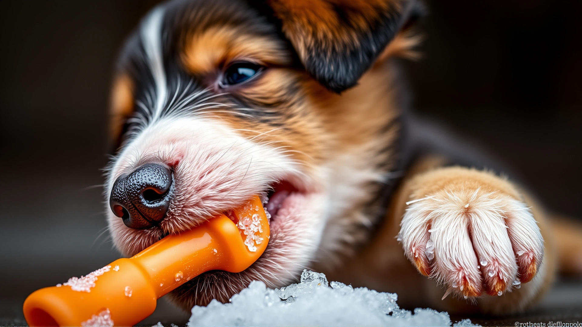 Teething puppy chewing on a rubber chew toy, toy partly frozen with small ice crystals visible