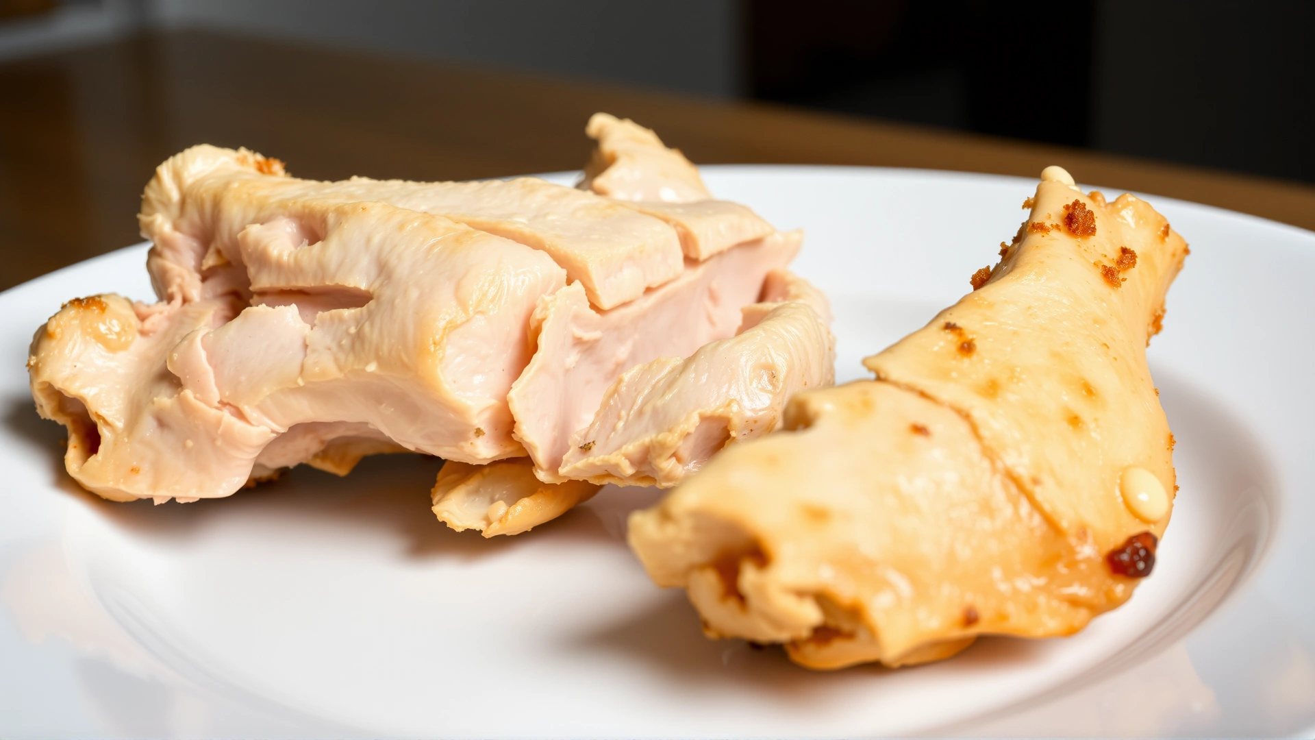 Broken cooked chicken bones on a white plate showing sharp splinters, photographed close up, bright lighting