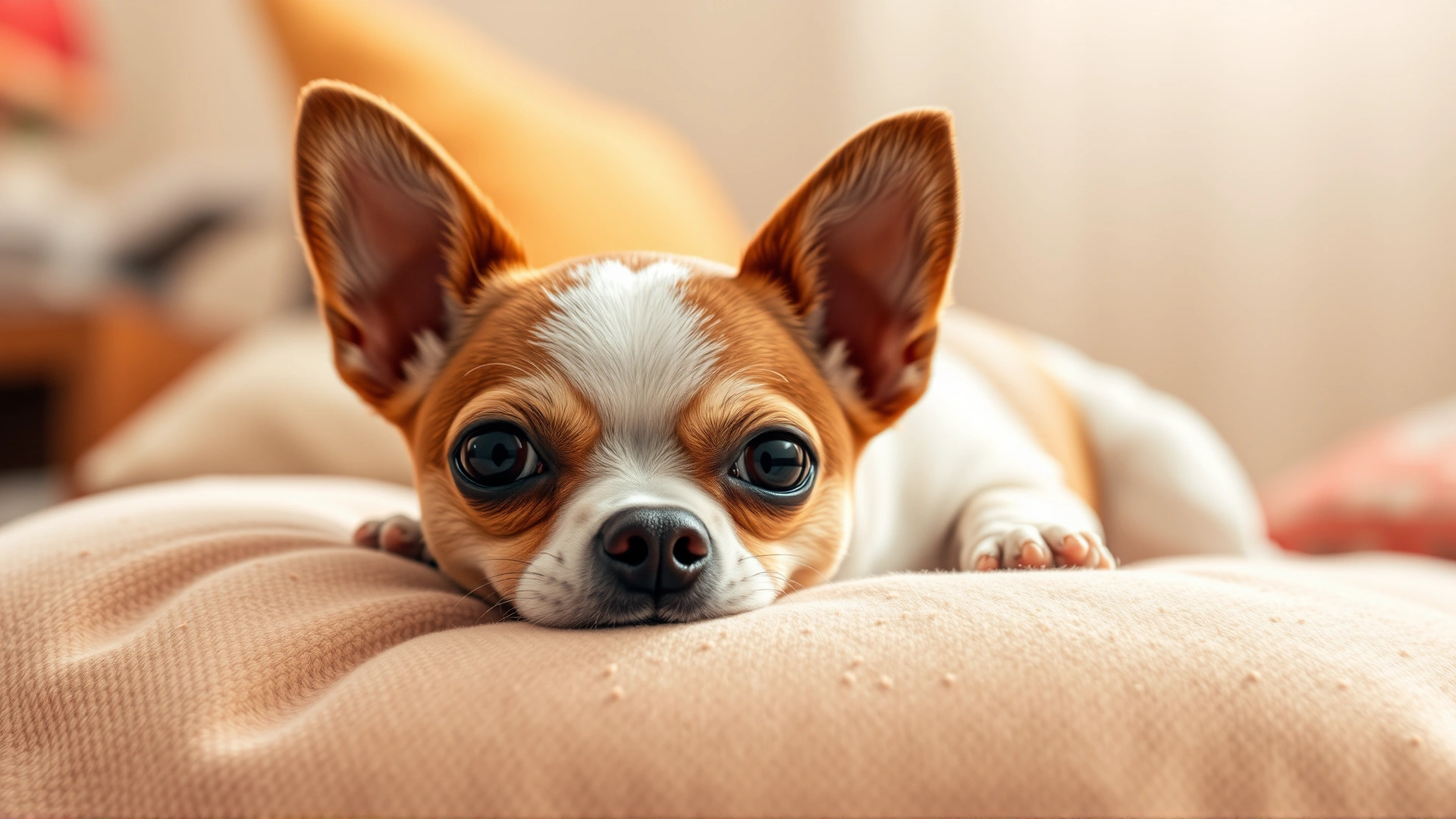 Close-up portrait of a small Chihuahua lying on a cozy pillow, warm indoor lighting