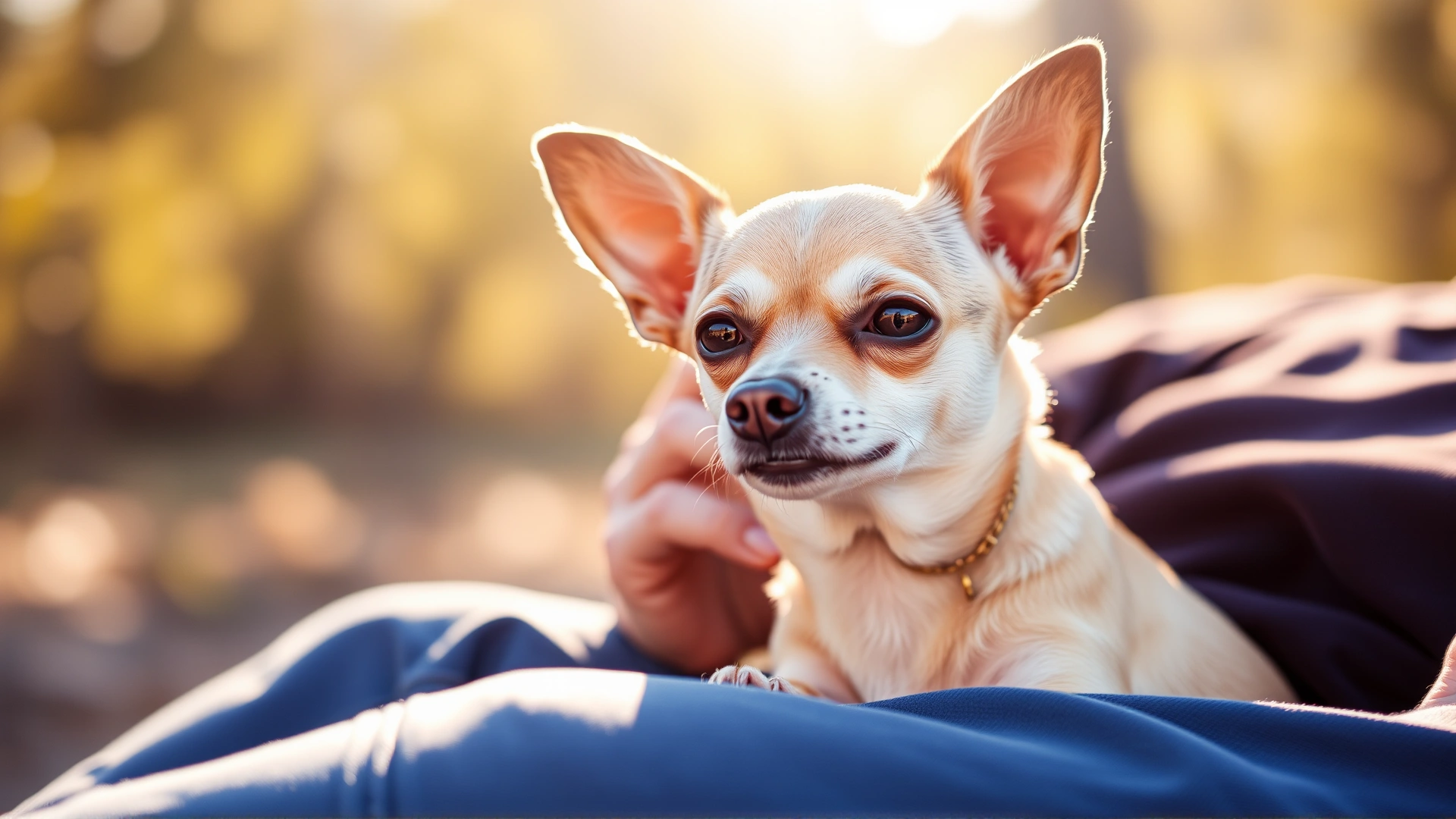 Cute Chihuahua sitting on an owner's lap outdoors, warm sunlight, shallow depth of field, showcasing alert expression