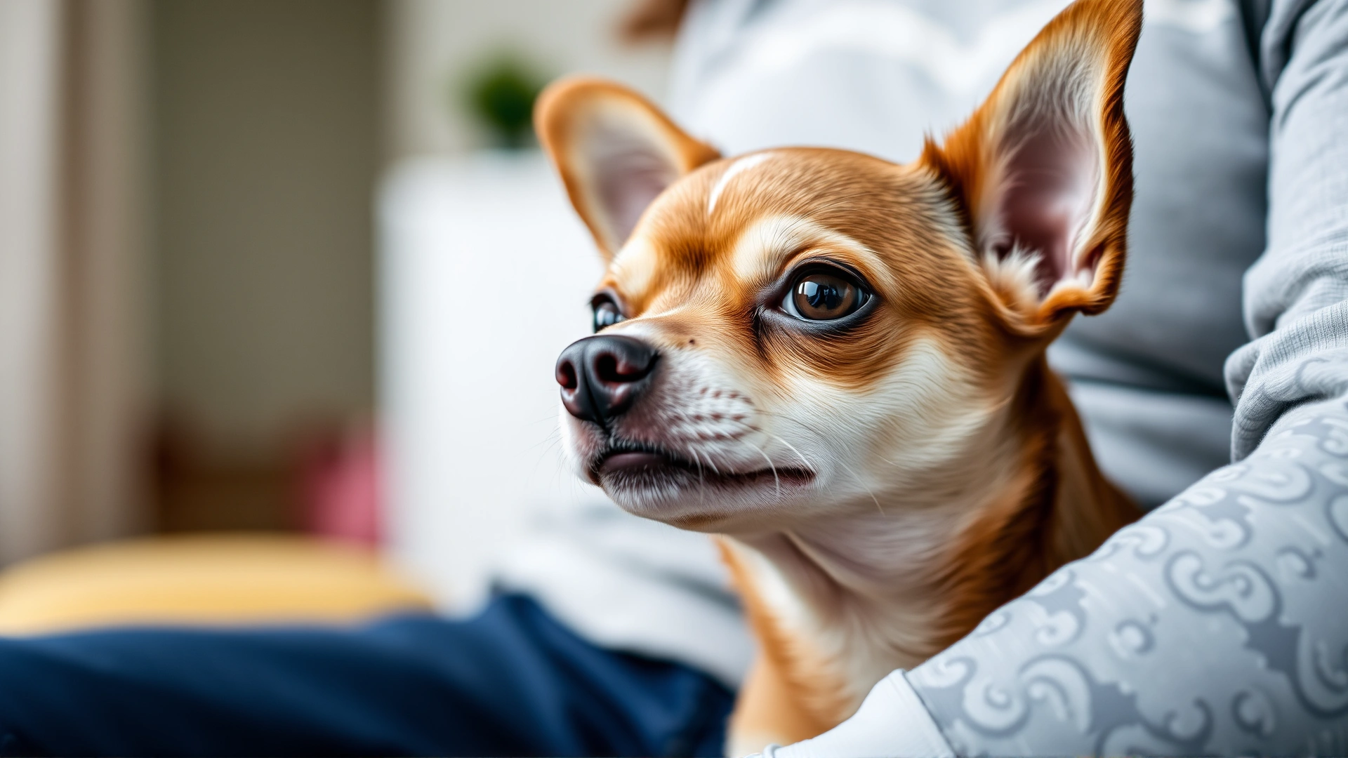 Close-up of a Chihuahua sitting on its owner's lap, ears perked, indoors with a softly blurred background.