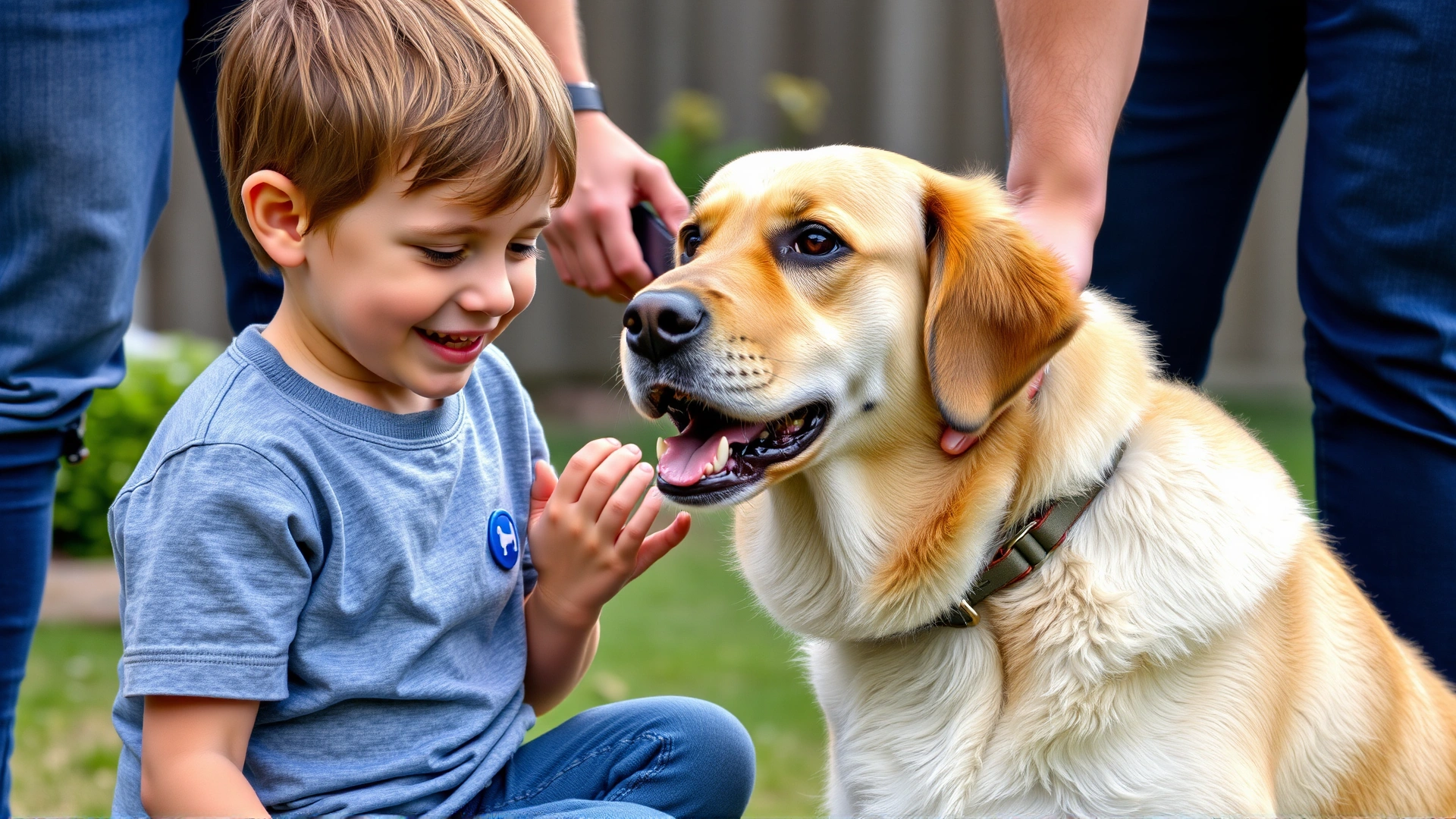 Smiling child gently stroking a calm family dog under adult supervision in a backyard setting. No text.