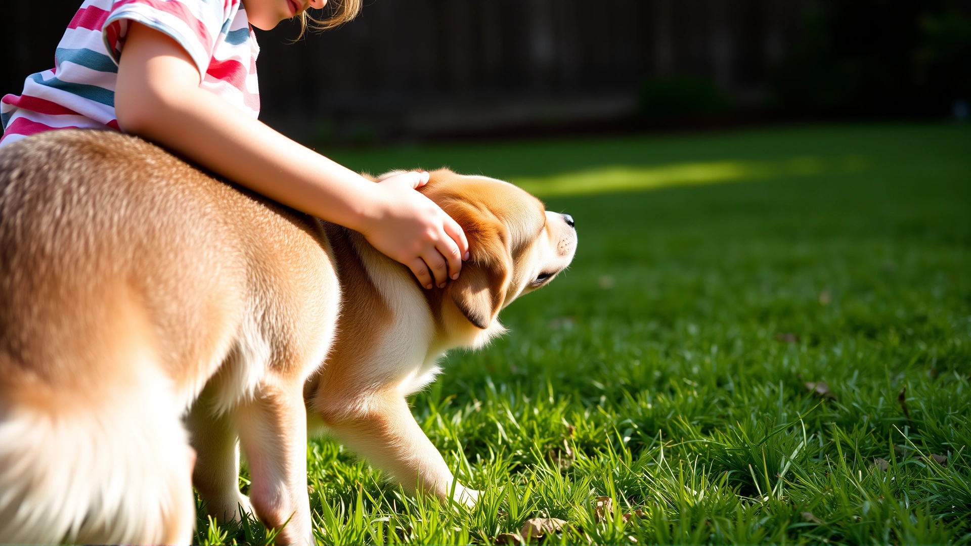 Side view of a school-age child kneeling and extending a closed hand for a medium-sized dog to sniff in a backyard; green grass and soft sunlight; no text