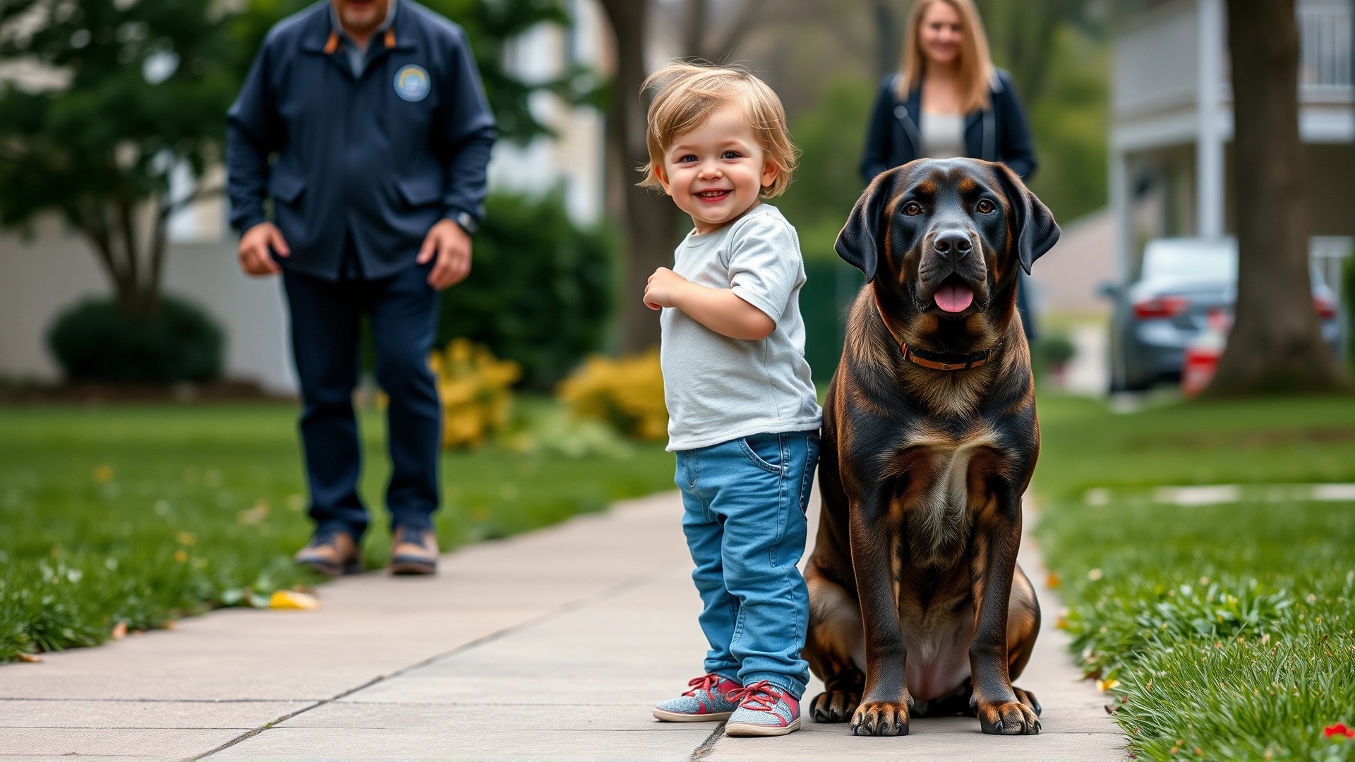 Smiling young child standing calmly next to a sitting Labrador, adult supervising in the background, suburban sidewalk