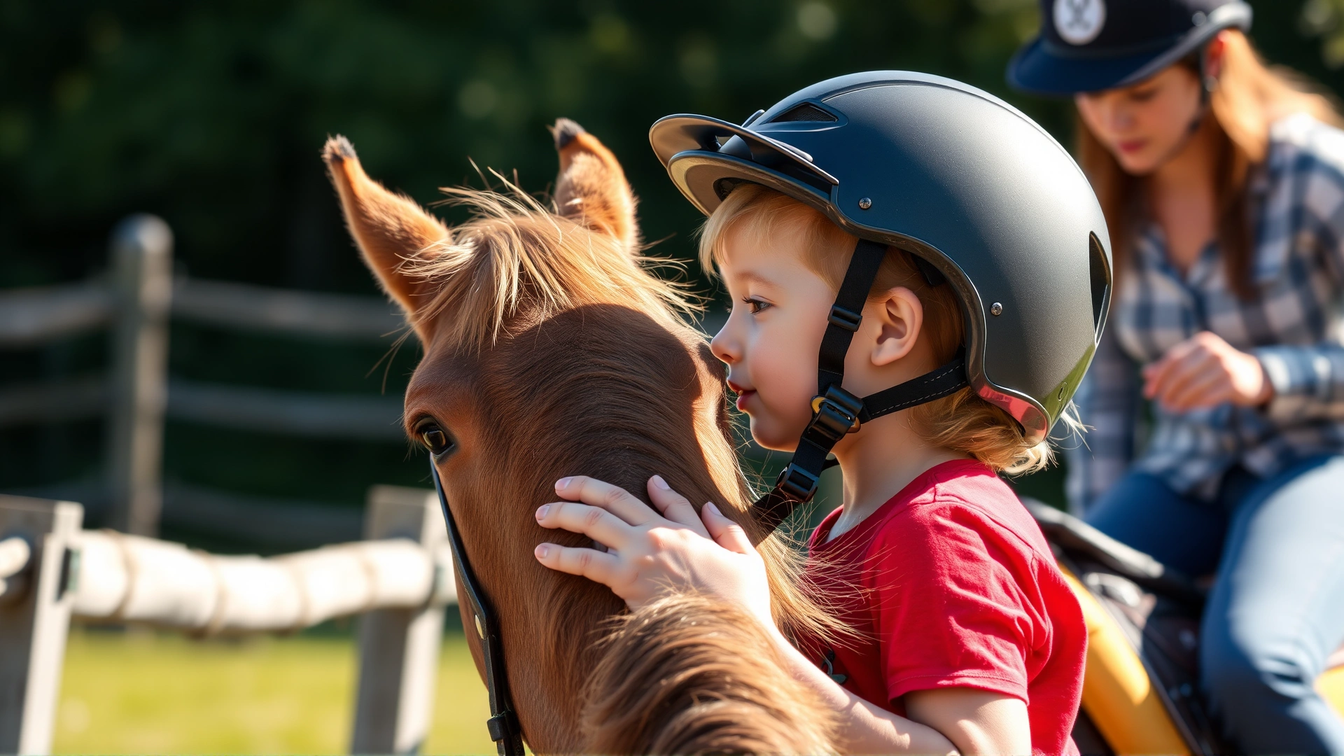 Young child wearing a riding helmet gently patting a pony's neck under adult supervision, sunny day