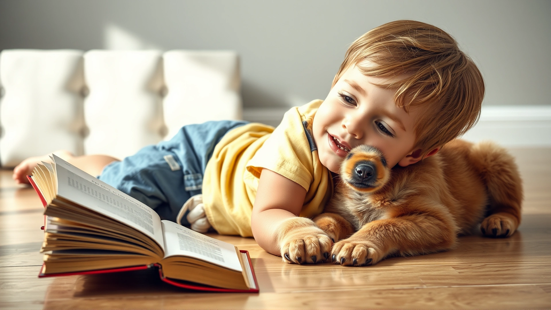 Young child lying on the floor reading a book while a playful puppy listens beside