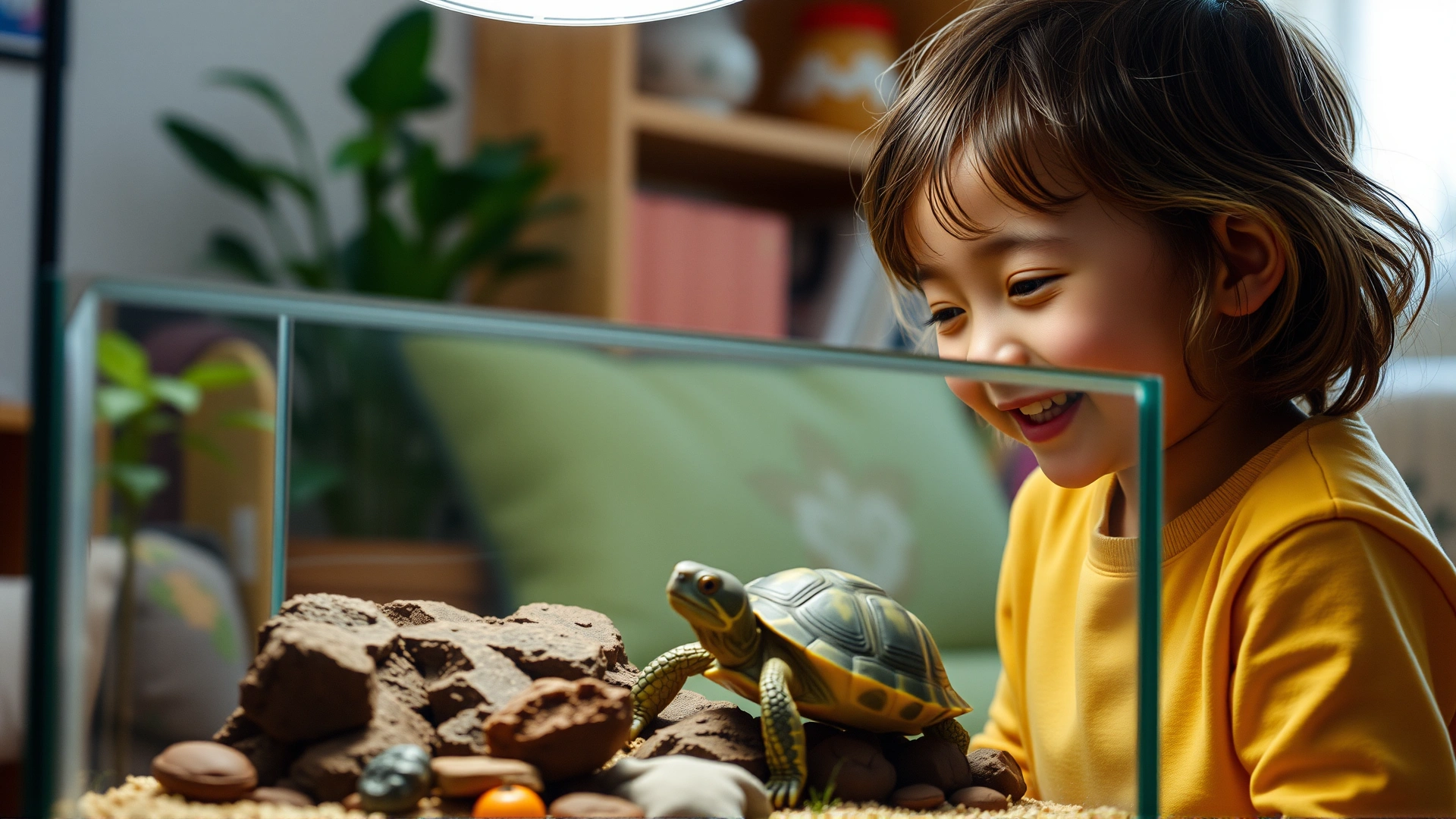 Smiling child observing a pet turtle inside a terrarium in a cozy indoor setting, emphasizing safe and curious interaction.