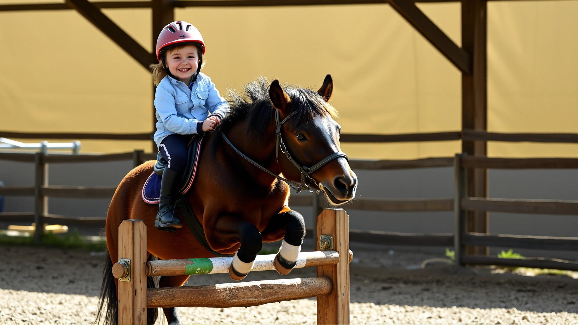 Smiling child wearing a safety helmet riding a Dartmoor pony over a small jump in an outdoor arena