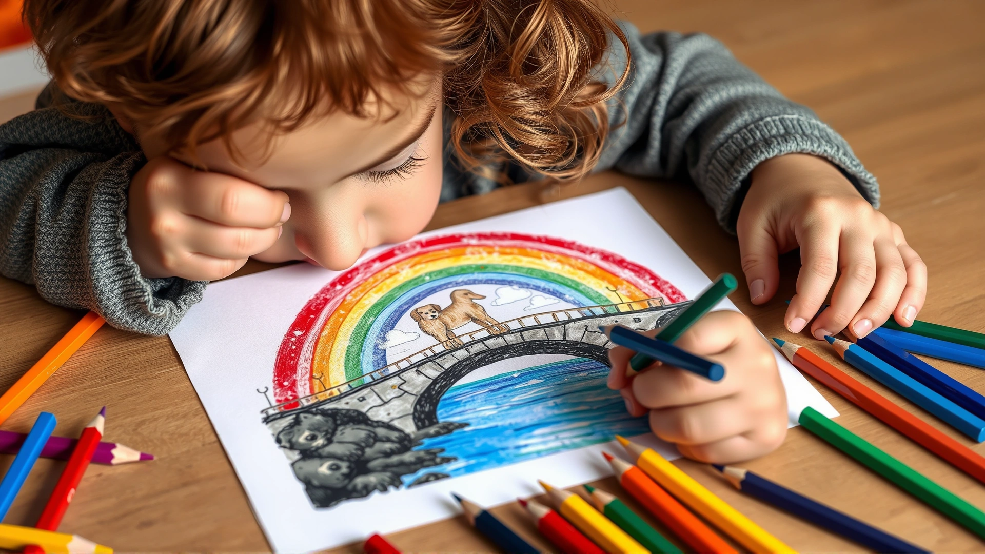 Young child drawing a rainbow bridge picture for their departed pet with colored pencils scattered around