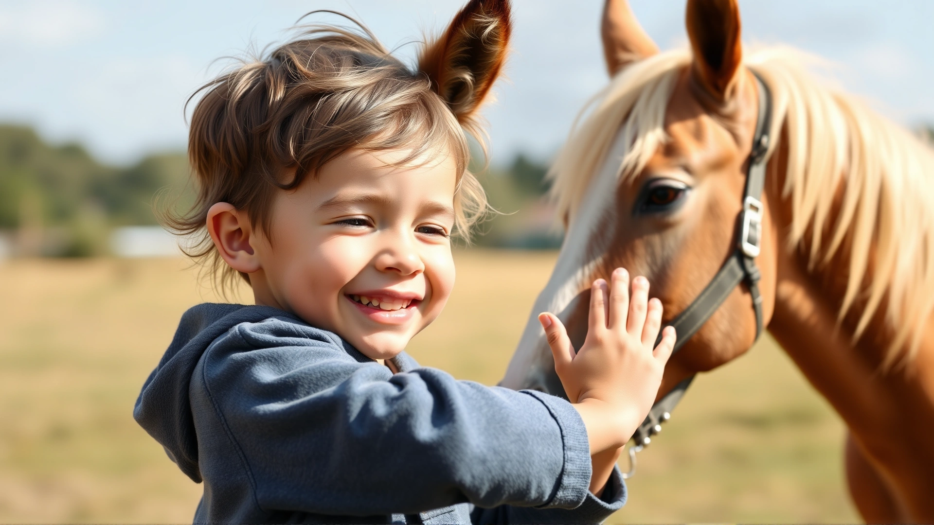 Smiling child gently petting an Eriskay pony during an outdoor equine therapy session on a sunny summer day, soft background, wholesome mood.
