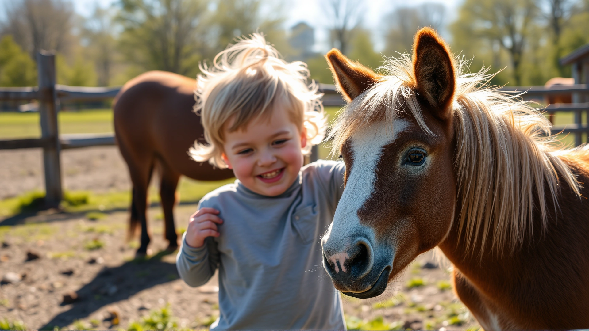 Happy child gently petting a Shetland pony in a sunny paddock, showcasing the bond between kids and ponies
