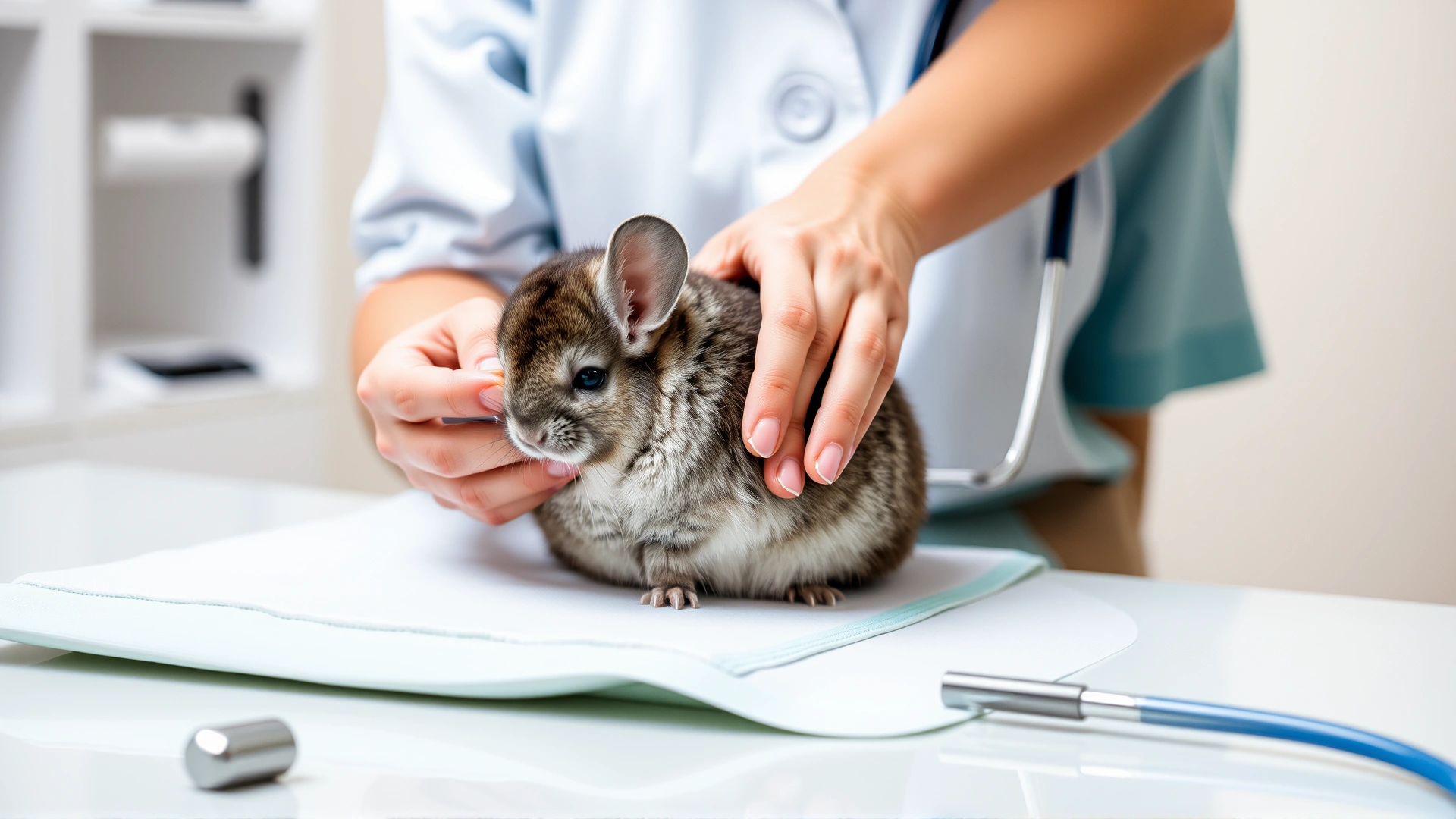 Veterinarian gently examining a chinchilla on an examination table, with stethoscope and medical tools visible, clinic setting.