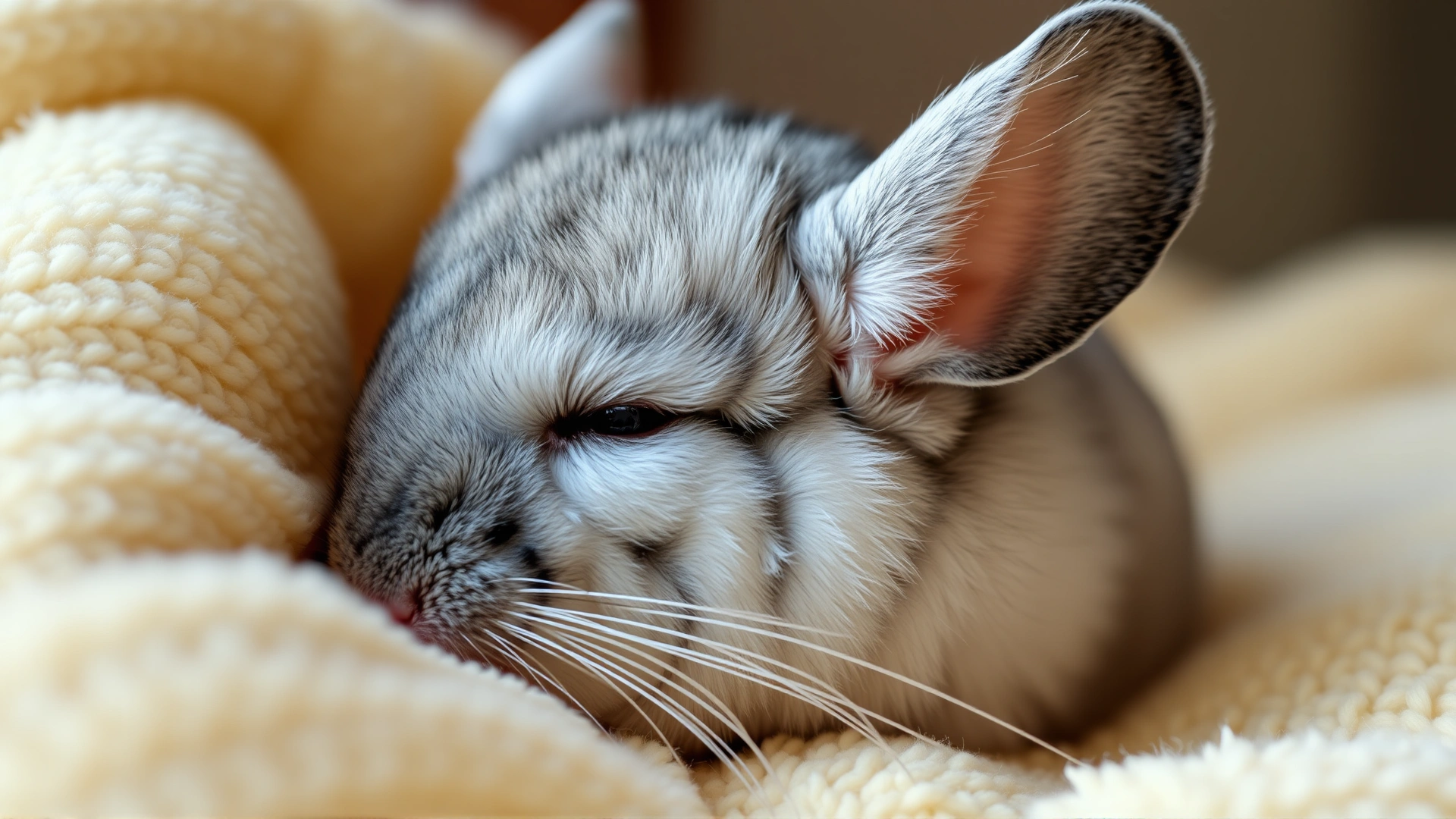 Elderly chinchilla calmly resting on a fleece blanket, gentle side lighting emphasizing its calm demeanor, close-up portrait