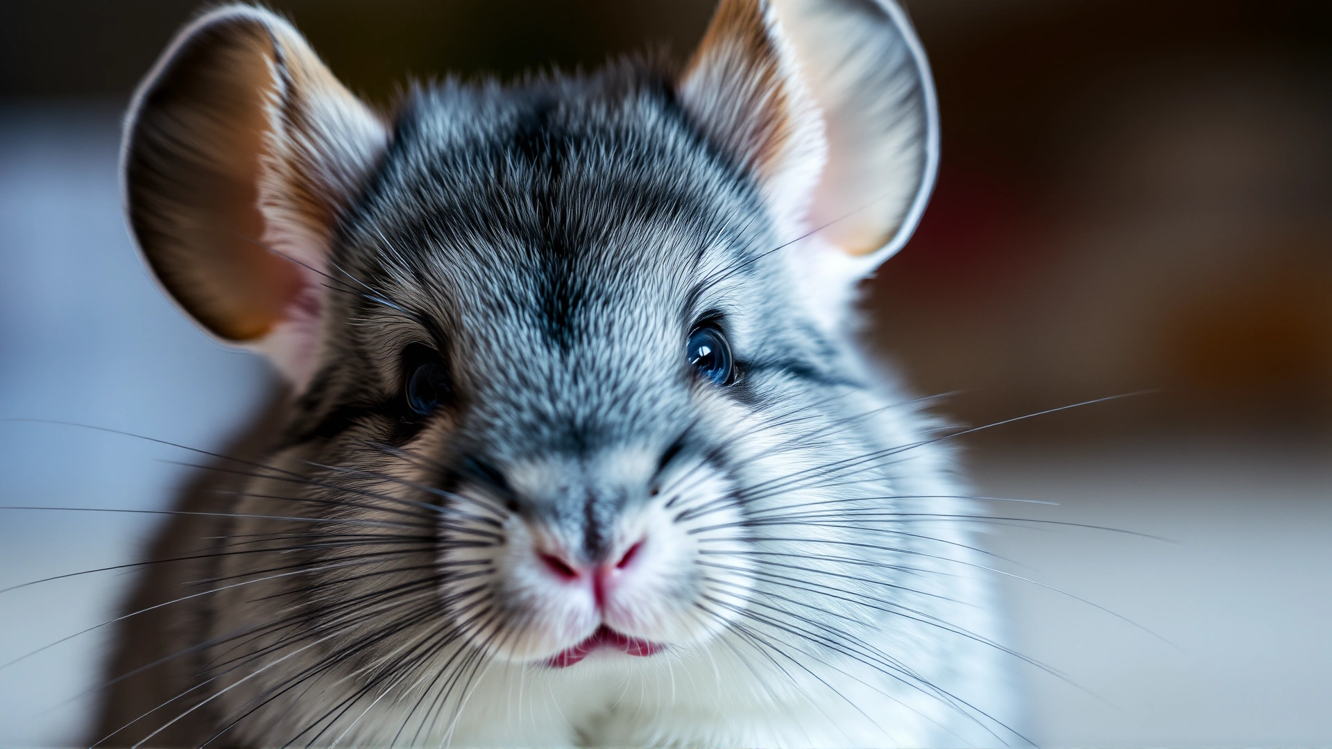 Macro shot of a chinchilla looking directly at the camera with inquisitive eyes, highlighting its dense fur in a well-lit setting