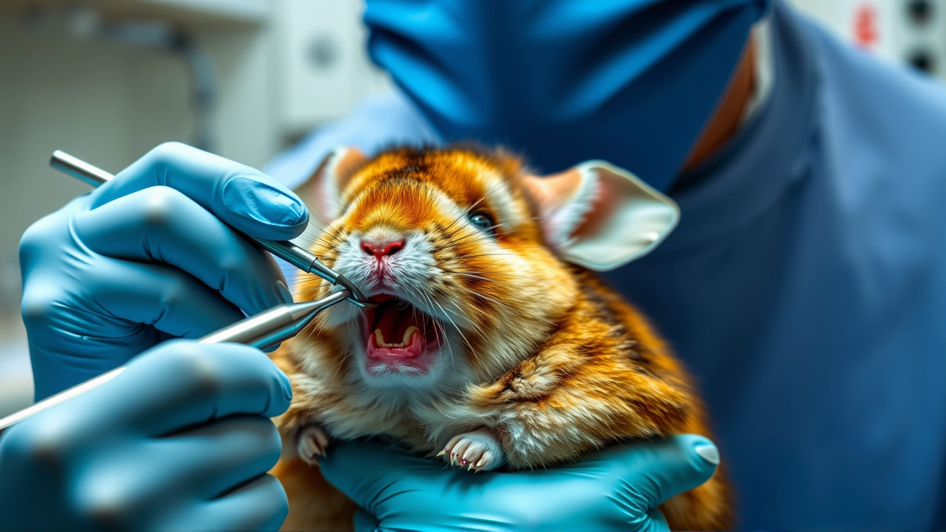 A high-resolution photo of a veterinarian inspecting a chinchilla’s teeth with a small dental instrument in a well-lit clinic setting.