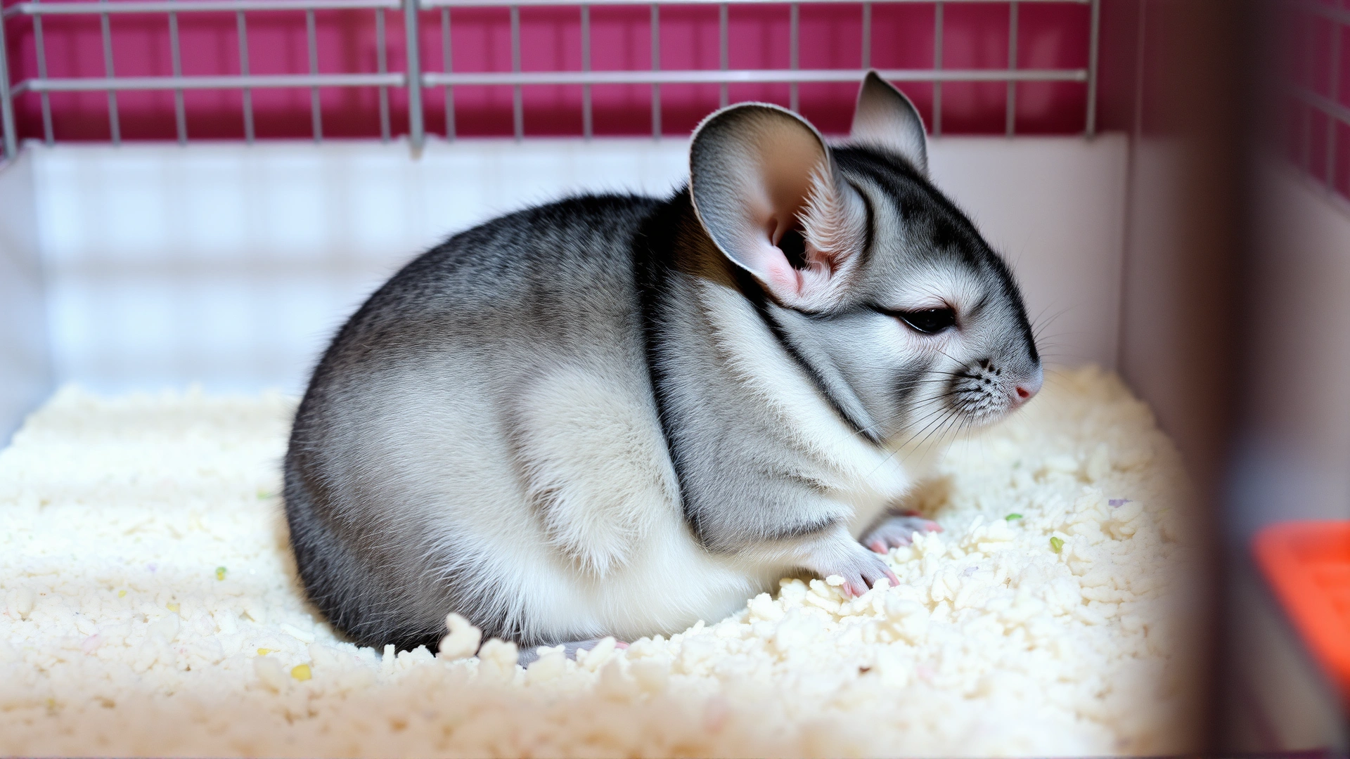 High-resolution image of a pregnant chinchilla resting calmly in a clean cage with soft bedding, her rounded abdomen clearly visible