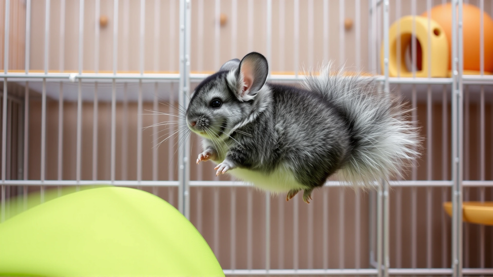 Dynamic shot of a chinchilla performing a high wall jump inside a multi-level cage, showcasing its fluffy tail in motion