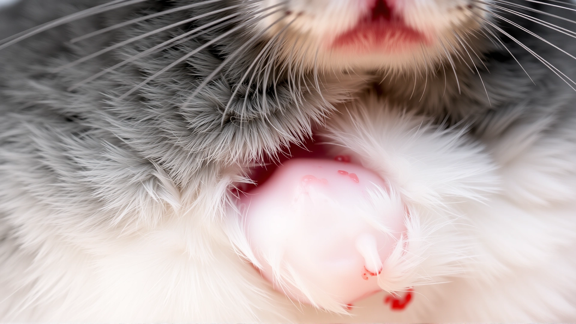 Macro shot of a chinchilla's mammary gland area appearing swollen and reddish to illustrate mastitis symptoms, veterinary context