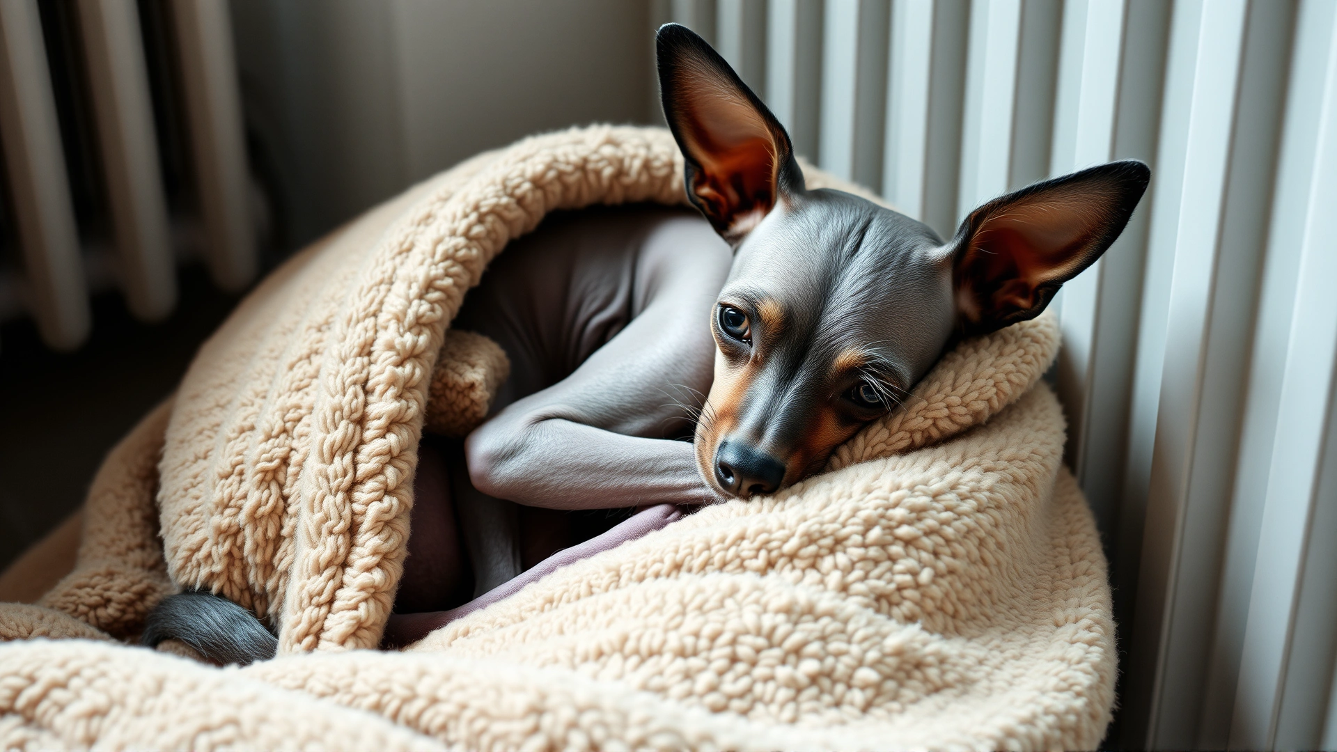 Hairless Chinese Crested dog curled up in a fleece blanket next to a radiator indoors