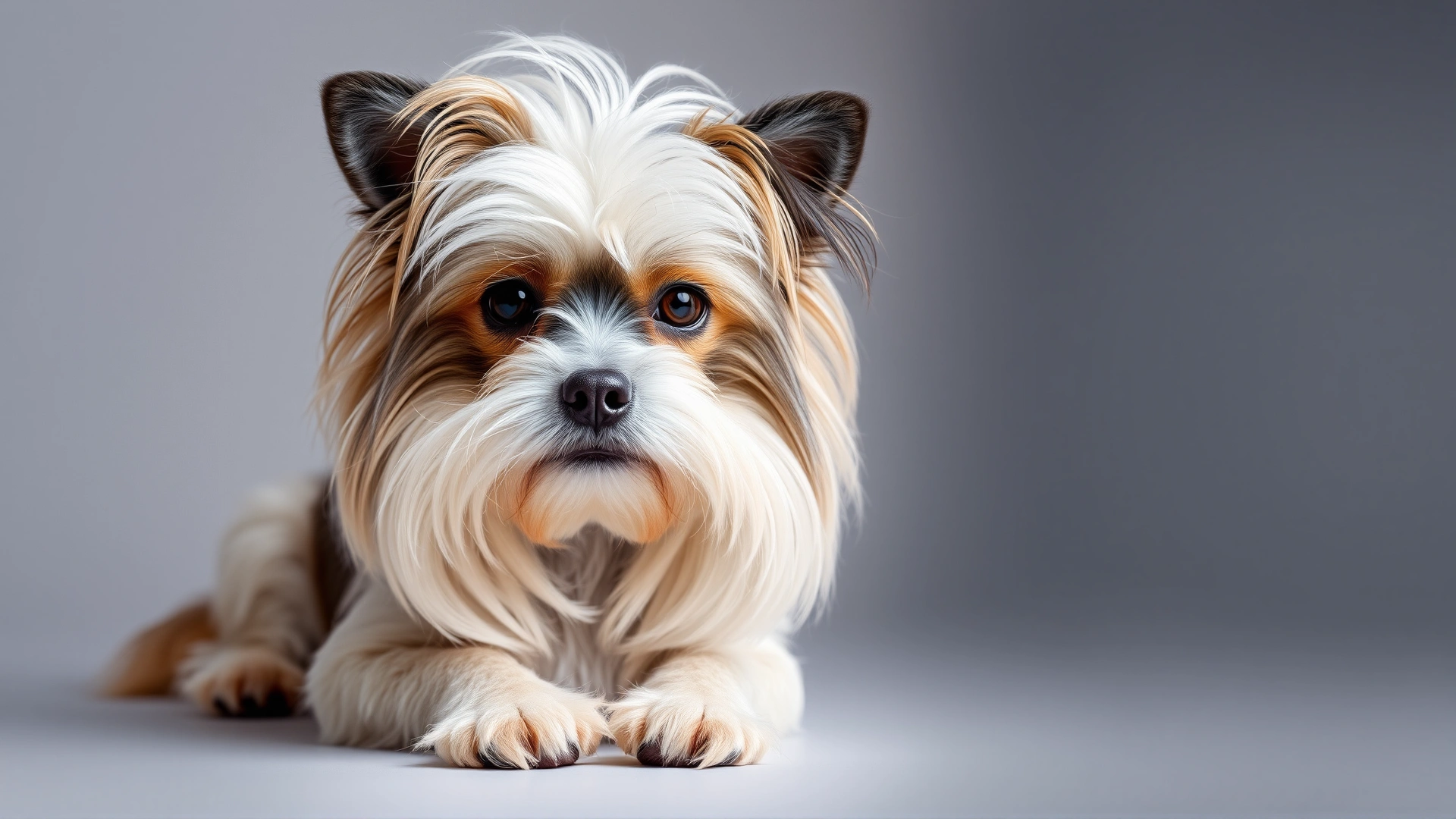 Studio portrait of a Chinese Crested dog with silky tufts on head and paws against a neutral background