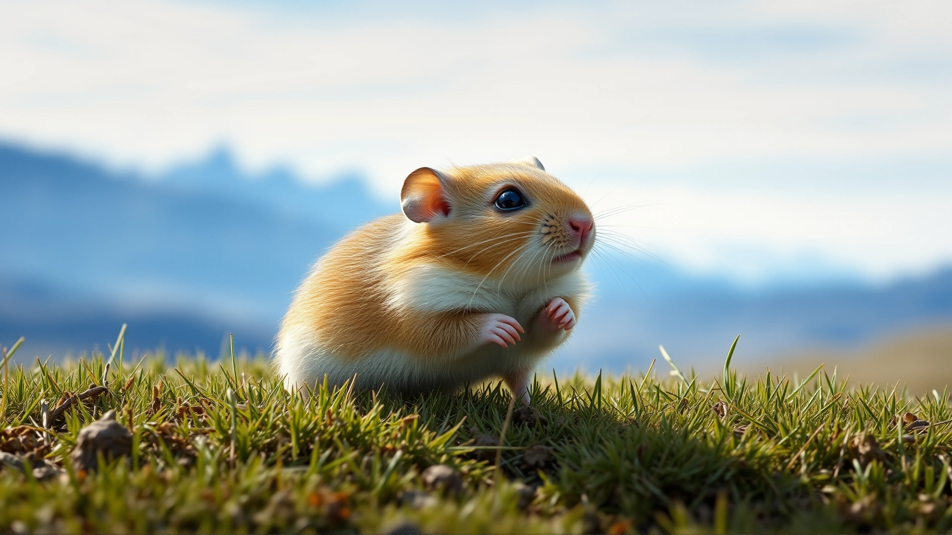 Small Chinese dwarf hamster foraging on a grassy steppe with distant mountains under a blue sky