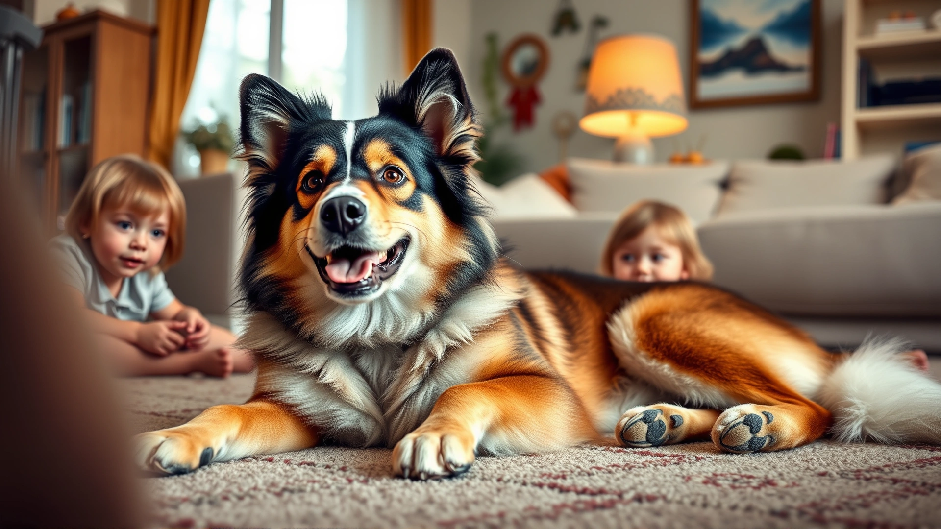 A happy Chinook dog lounging in a living room with two young children playing around it