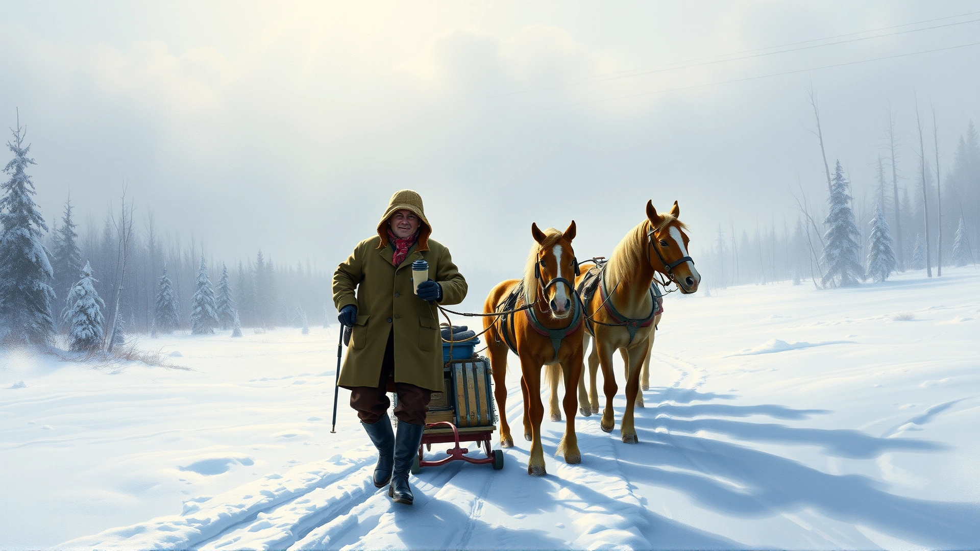 Vintage-style illustration of Arthur Treadwell Walden leading his Chinook sled team in early 20th-century New Hampshire