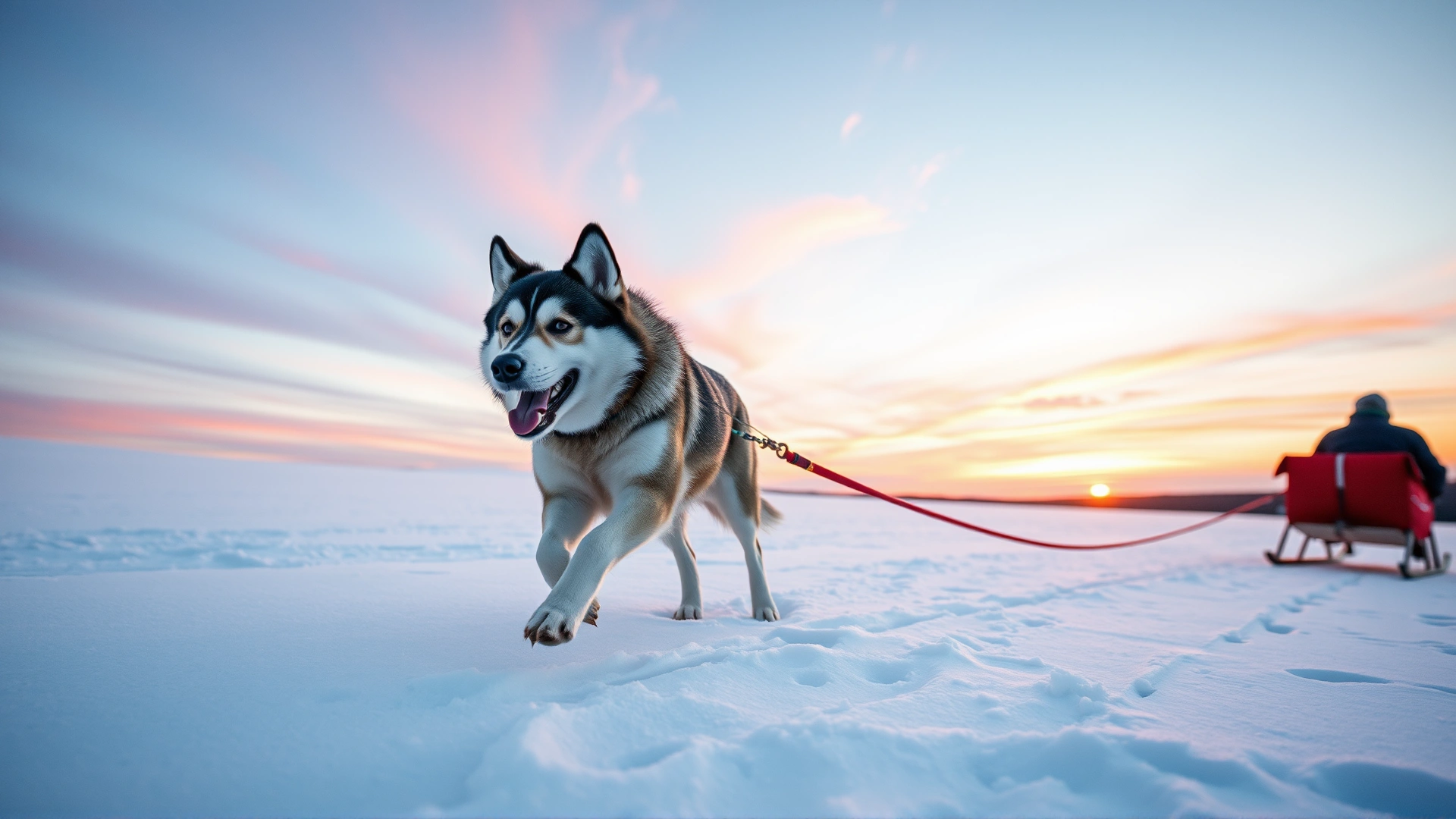 An athletic Chinook dog pulling a small sled across fresh snow during a pink sunset