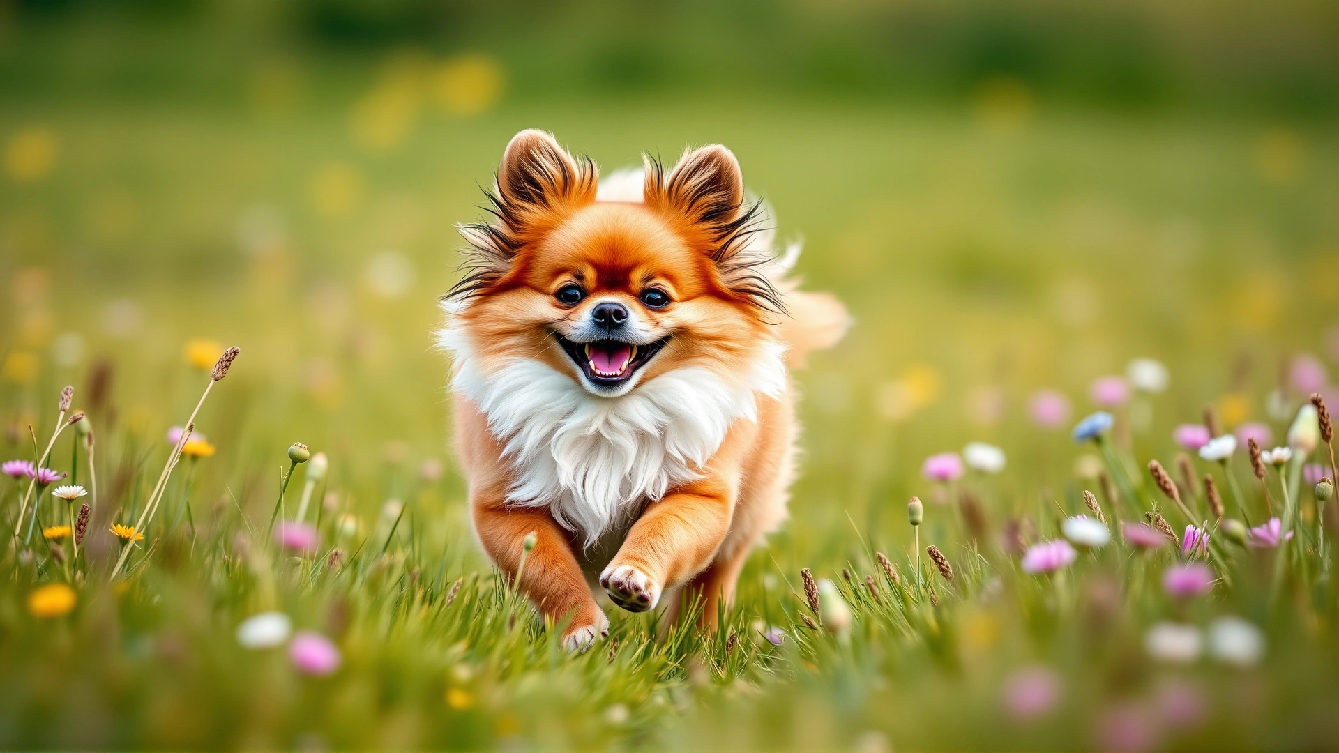 Happy Chi-Poo running through a meadow with its ears flapping, vibrant colors, high resolution outdoor action shot