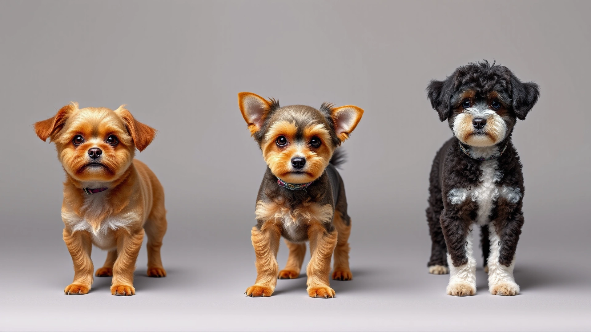 Side-by-side comparison of an adult Chi-Poo, a Chihuahua and a Toy Poodle standing on a neutral background to illustrate size differences, studio lighting, high resolution