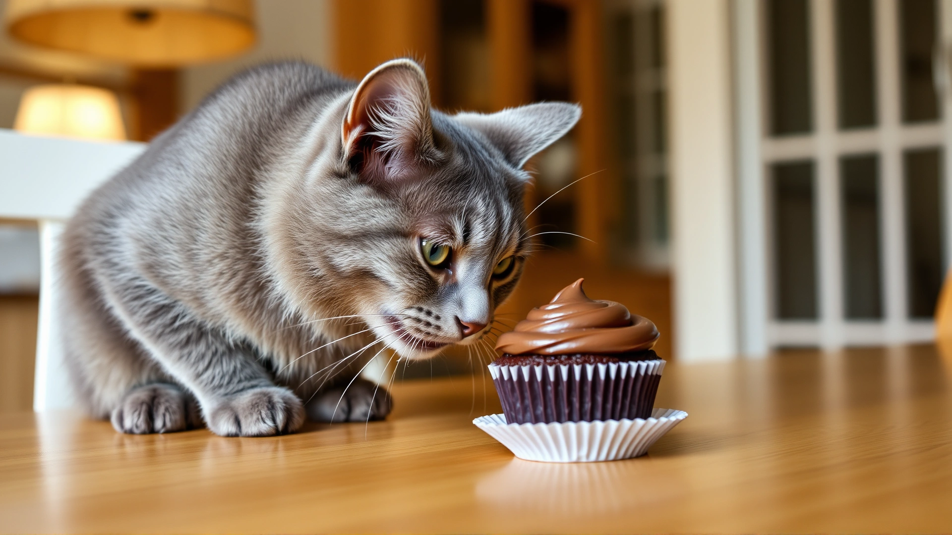 Curious gray cat sniffing a chocolate cupcake on a dining table, soft indoor lighting.