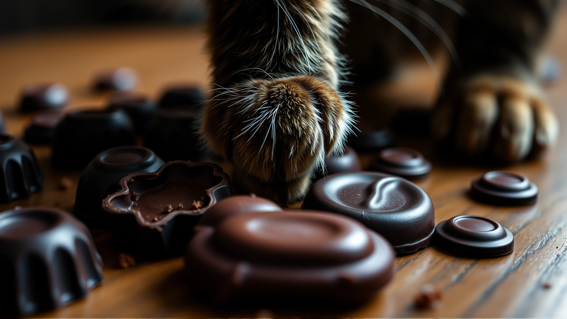 Close-up of assorted dark chocolates scattered on a wooden table, a cat's paw reaching inquisitively toward the chocolate, shallow depth of field, moody lighting