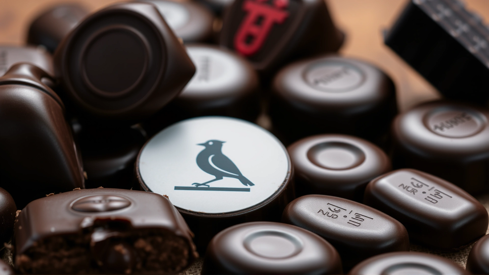 Close-up image of assorted dark chocolates on a wooden table with a warning sign icon to indicate toxicity for birds.