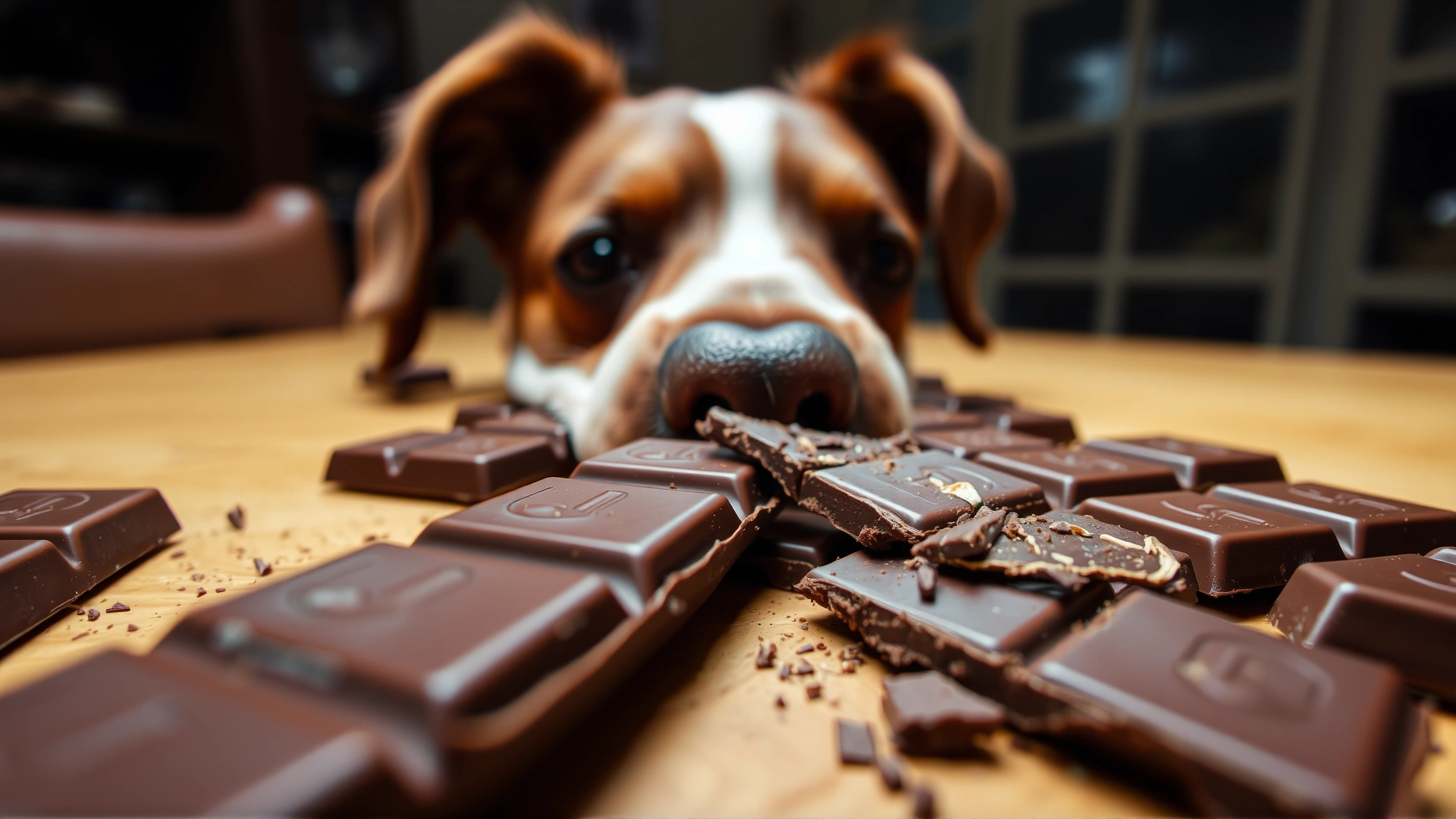 Close-up of dark and milk chocolate bars broken on a table with a dog's nose sniffing from the edge, focus on the chocolate, warm indoor lighting.