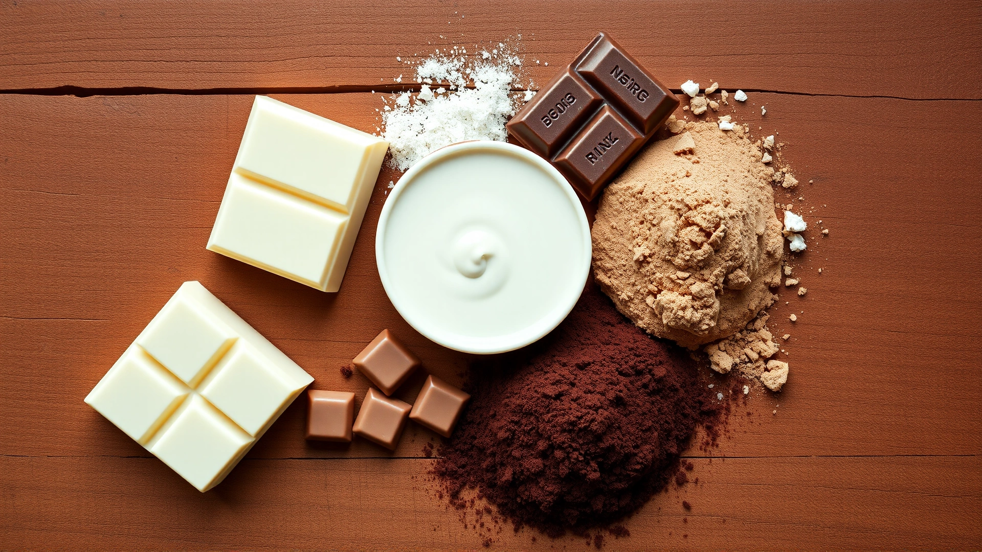 Flat lay of different chocolate varieties (white, milk, dark, and unsweetened cocoa powder) on a rustic wooden table under natural light