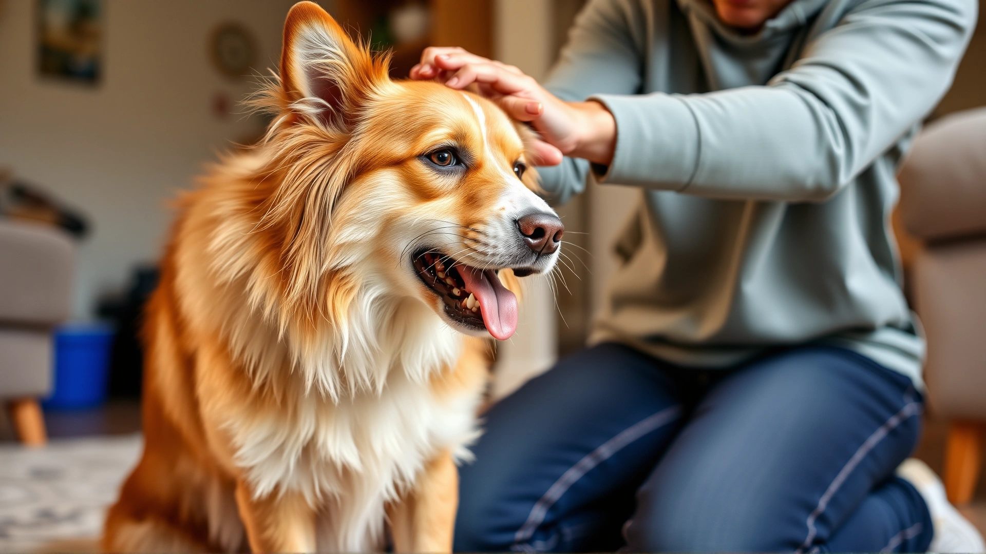 Medium-sized dog coughing or gagging slightly with owner kneeling beside offering assistance, indoor home environment, illustrating choking risk