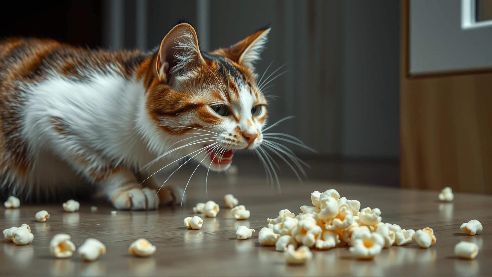A cat appearing to cough near spilled popcorn kernels on the floor, illustrating choking hazard, no text