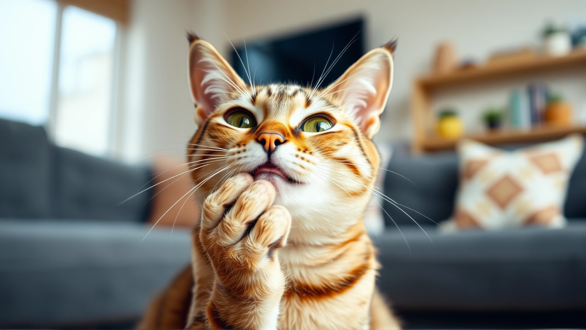 Domestic short-haired cat in a living room coughing with its paw near its mouth, eyes wide open, illustrating choking symptoms; natural indoor lighting