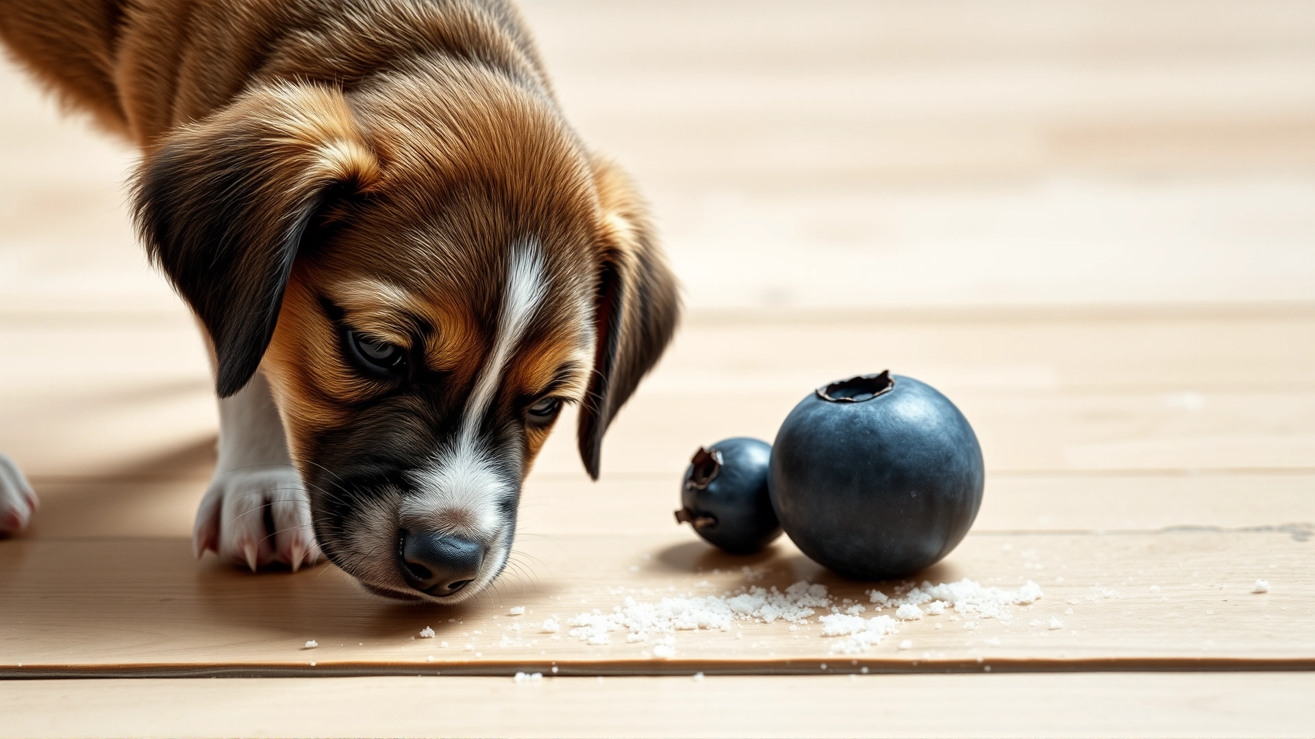 Small puppy sniffing a single large frozen blueberry on the floor, highlighting potential choking hazard